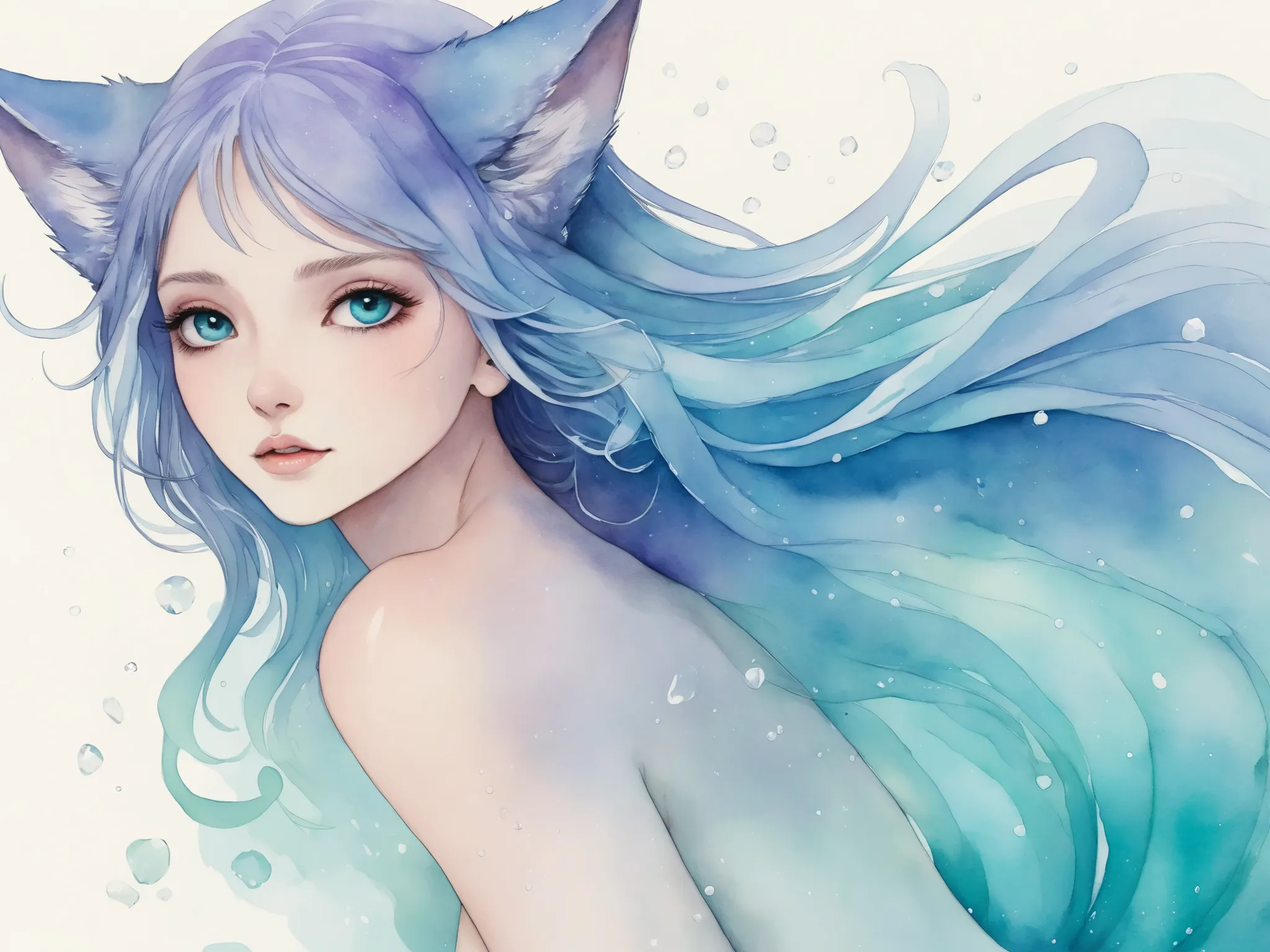 no lineart,no outline,,haiz_ai,crystal,Watercolor anime,animetoreal,Adult Waifu : Imagine a feminine woman made of gel with a gelatinous shape, but more defined , of a brilliant turquoise shade that reflects light. Her body is fluid and malleable, but main...
