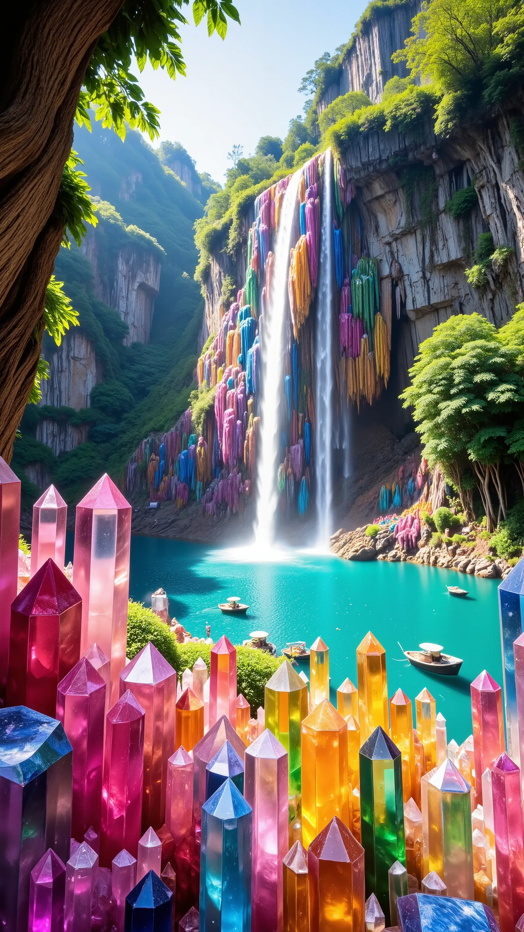 
***Use the lagoon and waterfall in the image provided, a cliff wall that is 300 feet tall made up of gigantic quartz crystal points that are translucent different colored pillars in a tropical rainforest. In the middle of these skyscraper-sized quartz cry...