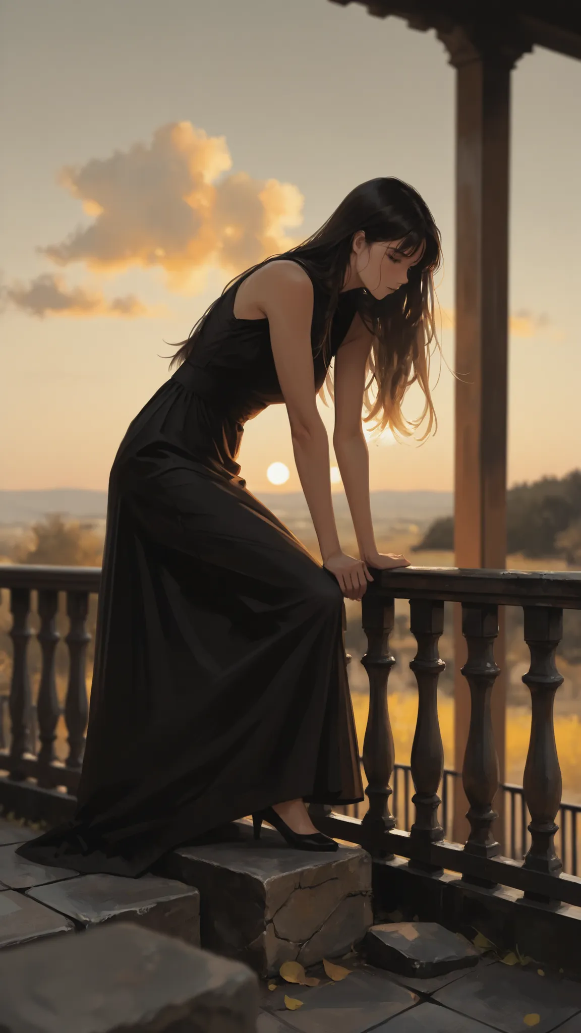 score_9, score_8_up , score_7_up , score_9,Score_9, Score_8_up , Score_7_up ,(masterpiece, best quality, 8k), woman in sleeveless black long dress, slender figure with visible arms, long hair flowing gently in breeze, leaning against ancient stone railing,...