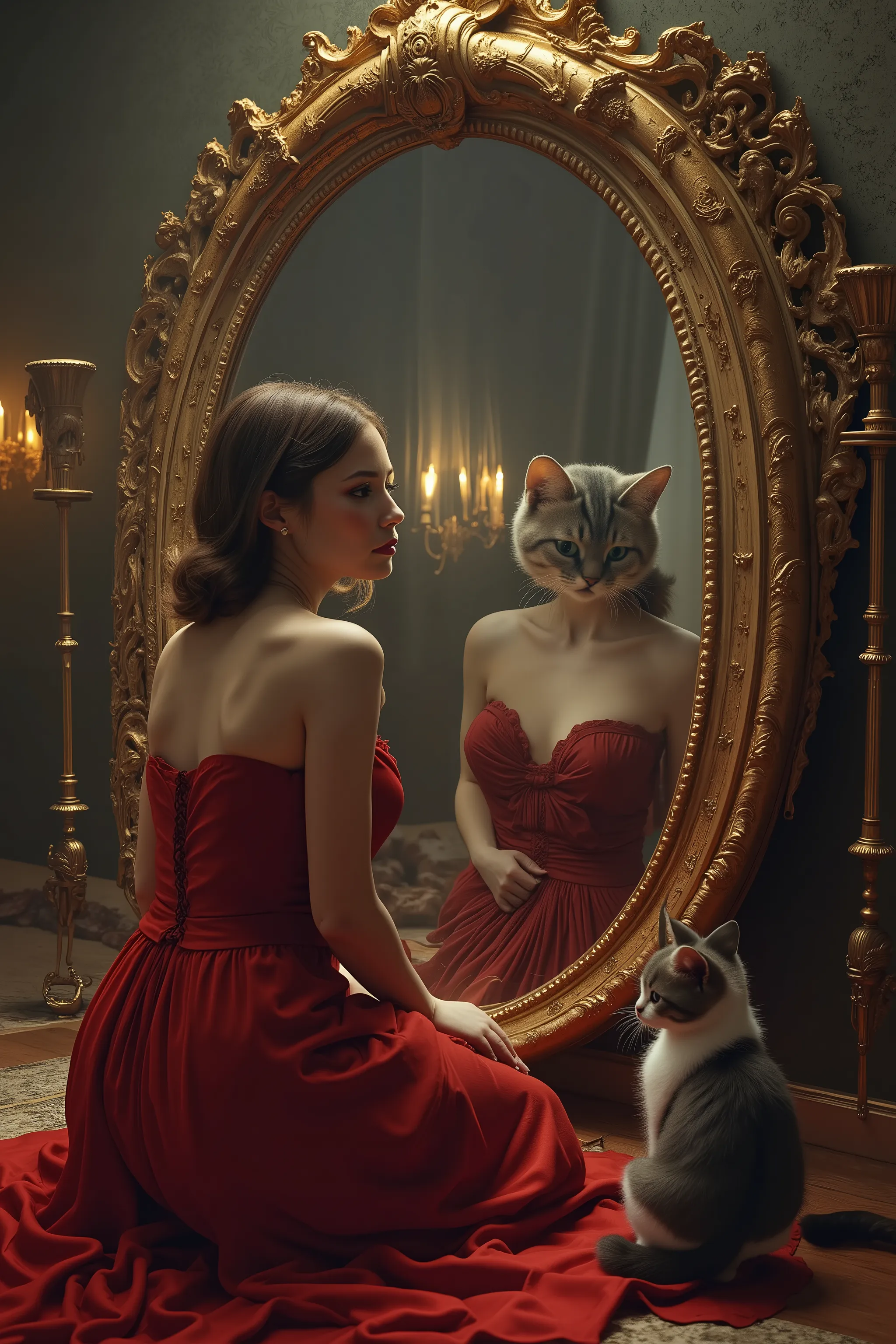 A surreal, whimsical scene features a woman in a deep crimson dress kneeling gracefully before an ornate, gold-framed mirror, her head replaced by a large cats head, 8K, extremely detailed, photorealistic, delicate facial features, mesmerizing gaze, adorab...