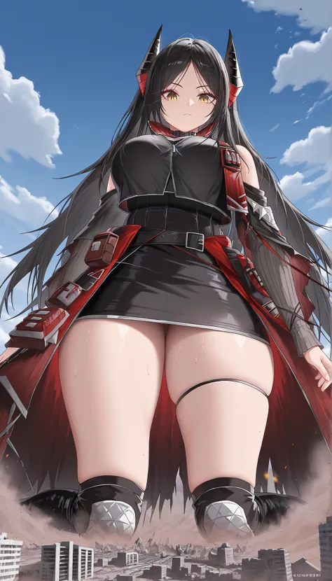 solo, 1girl, ines_\(arknights\), black hair, yellow eyes, parted bangs, demon horns, taut skirt, pouch, shoulder cutout, torn cape, black vest, detached_sleeves, belt, knee boots, thigh strap, knee pads, thick thighs, sweat, cleavage, (giantess:1.4), micro...