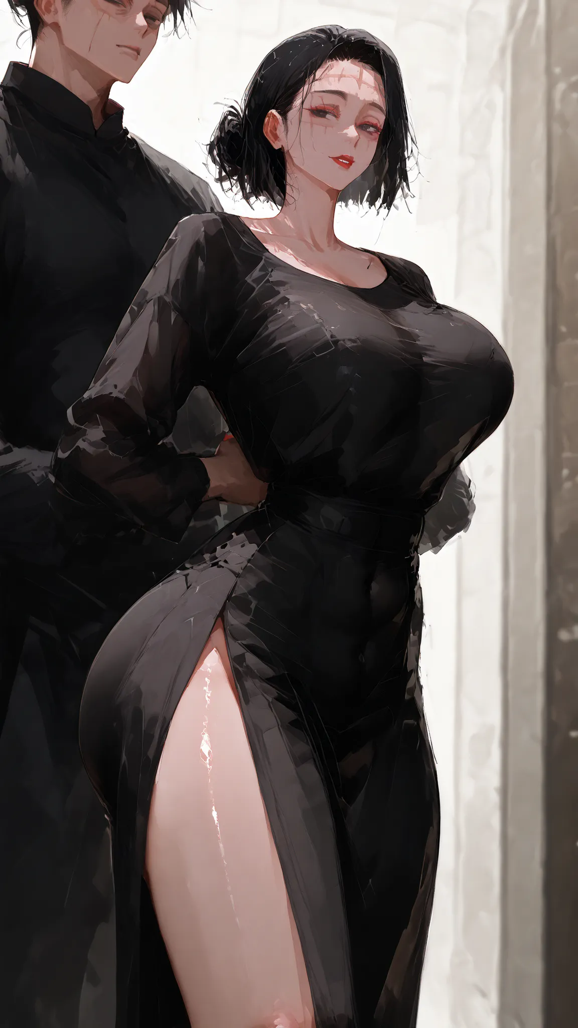 Kenjaku (Kaori Itadori) A sexy woman black eyes medium hair bun forehead scar Dongtan black dress red lipstick big butt long leg big breast standing in front. hands on the back (jujutsu kaisen).