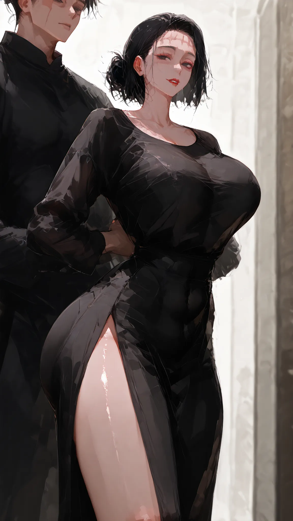 Kenjaku (Kaori Itadori) A sexy woman black eyes medium hair bun forehead scar Dongtan black dress red lipstick big butt long leg big breast standing in front. hands on the back (jujutsu kaisen).