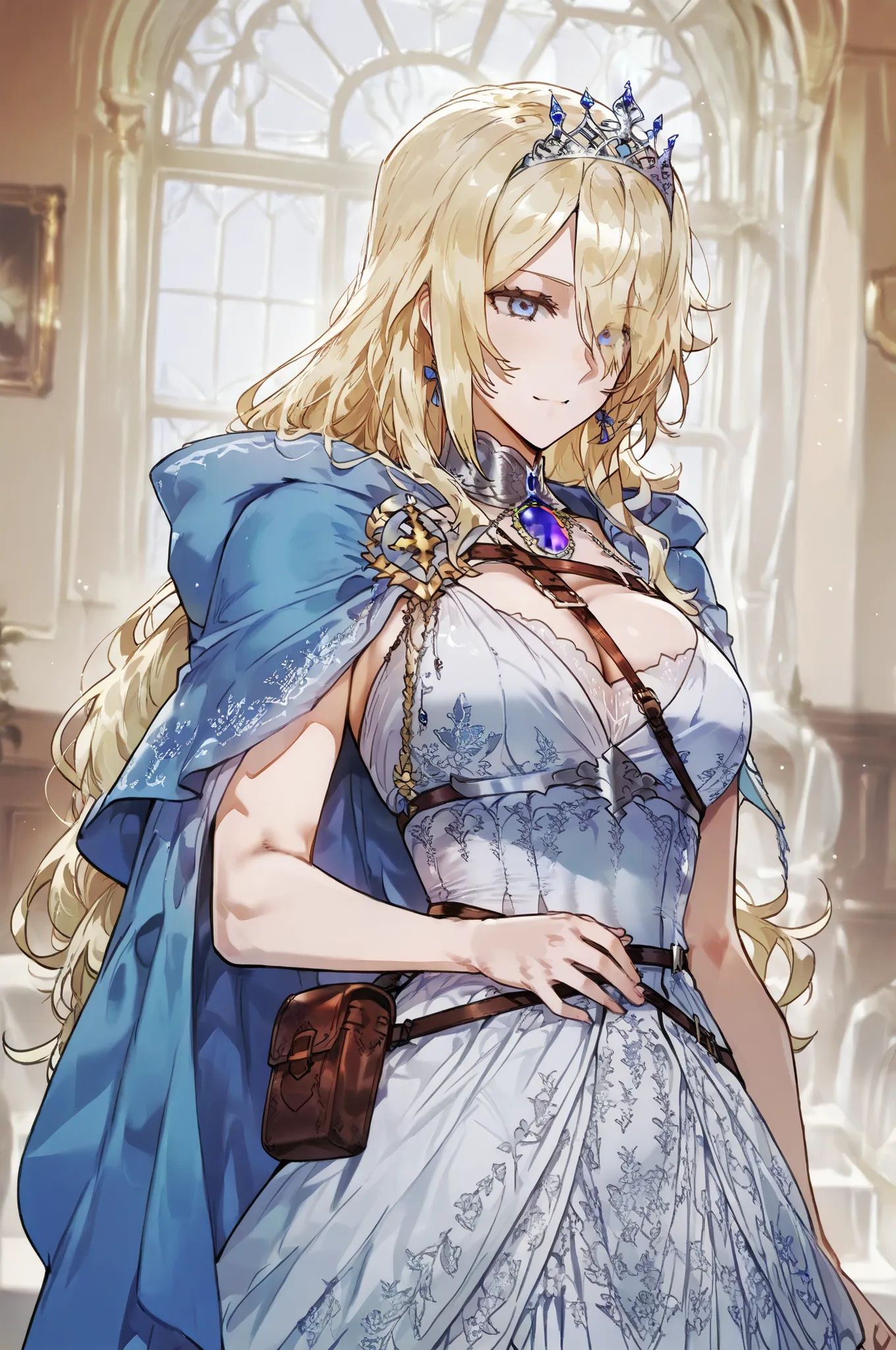 Shokolade, jormugand Shokolade, athletic toned body, wears a blue elegant dress,a silver royal tiara, a cloak that drapes over a rugged tunic, giving off a medieval or fantasy vibe. Straps and belts wrap around the chest and waist, securing a pouch at thei...