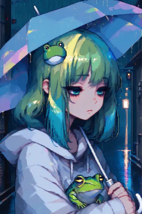 rainy day,night,It's Raining,1girl,frog,umbrella at the corner of the road,cute,colorful,pixel art,close-up,The background is gently illuminated,Anime Chic,safe content (masterpiece, 最High Quality, High Quality, detailed background, complicated details,com...