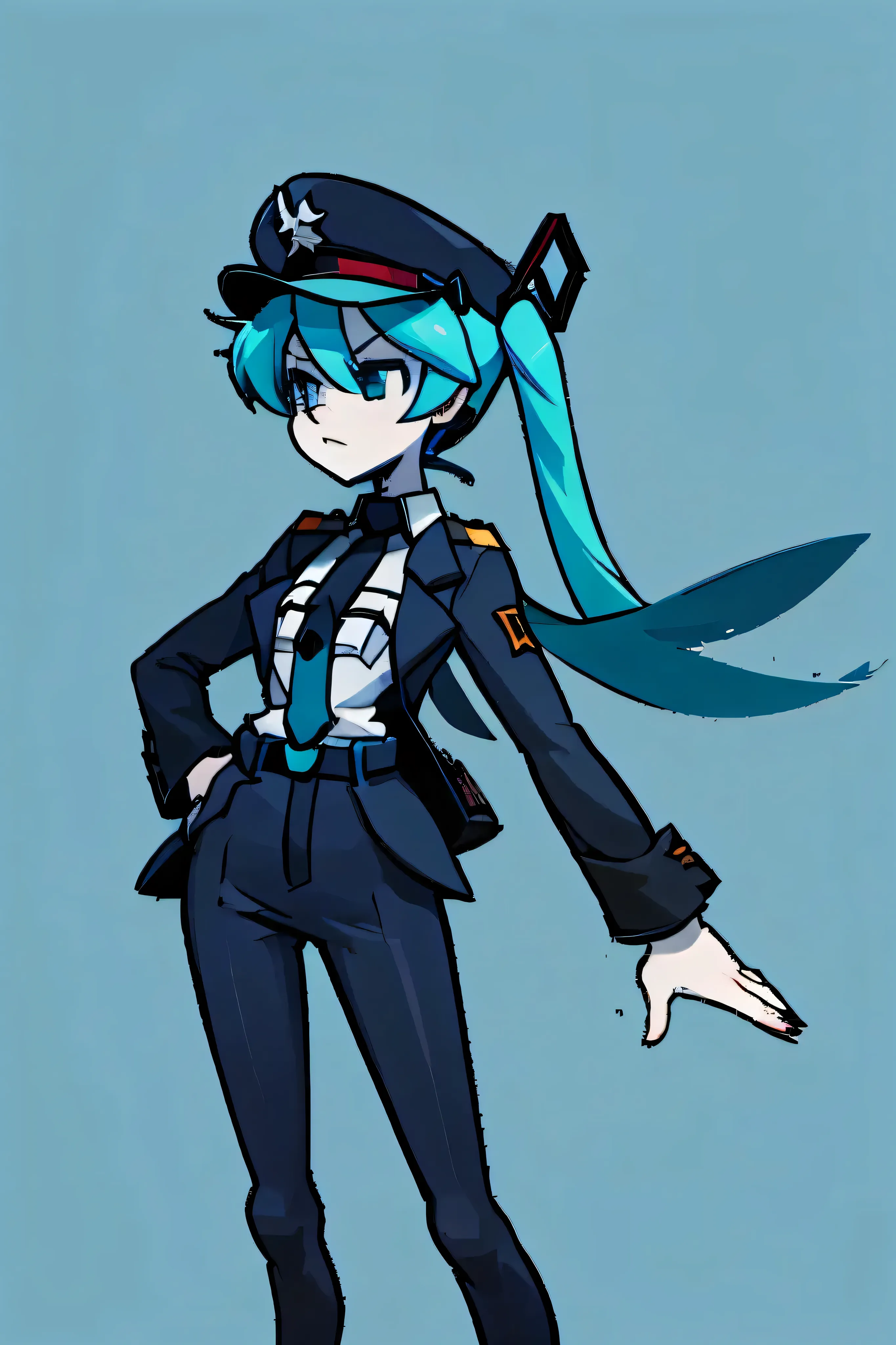 Hatsune Miku, with an SS-Dienstanzug style uniform: officer's black cross jacket, white shirt underneath, black tie, simple black belt, bastic red bracelet with symbol, black pants, black leather high boots, black cap with silver eagle visor with skull emb...