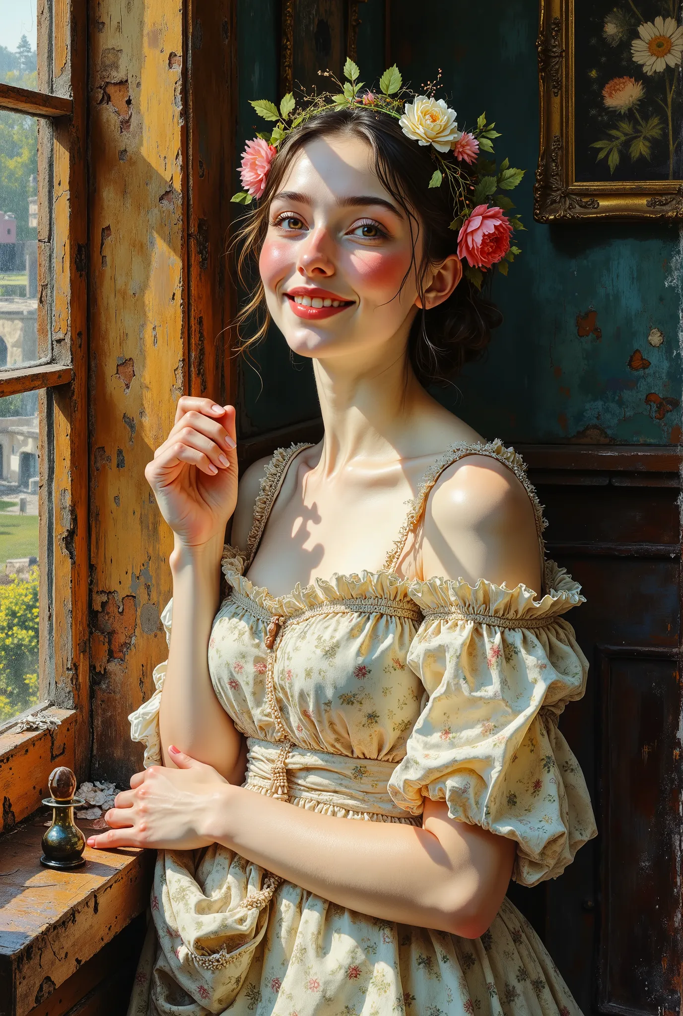 Painting by by Johannes Vermeer,Award-winning painting of a beautiful smiling young woman at afternoon , dainty young woman,, wearing a loose delicate dress, hugging herself, wearing a Flower headband,  head tilt,, red cheeks, prominent cheekbones, shy smi...