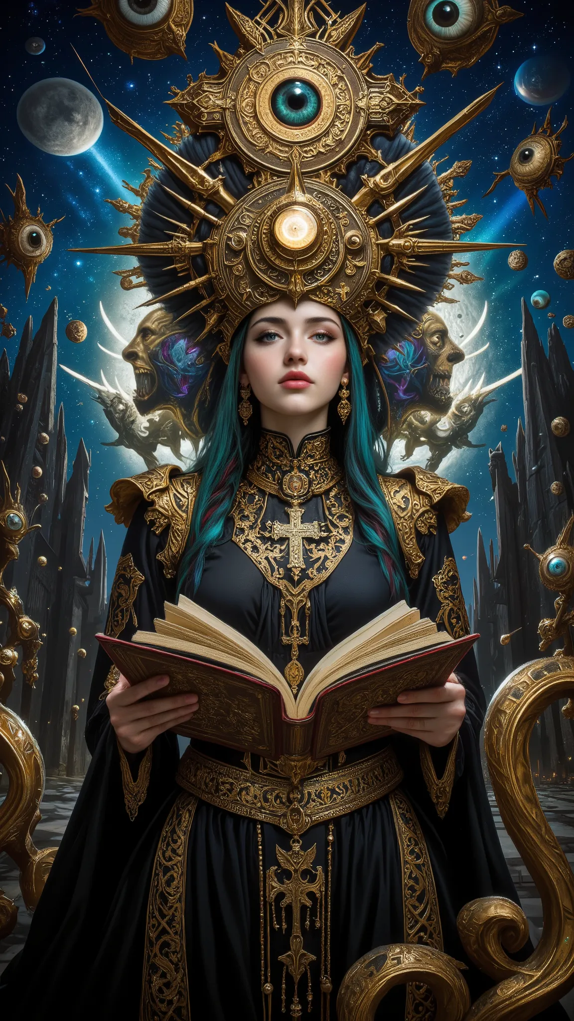 Surreal Painting,  An extravagant, mysterious female figure, gazes at viewer with secret smile,dressed in intricately embroidered black and white medieval clothing that fits her form perfectly , A jeweled rosary necklace with a large crucifix rests on her ...