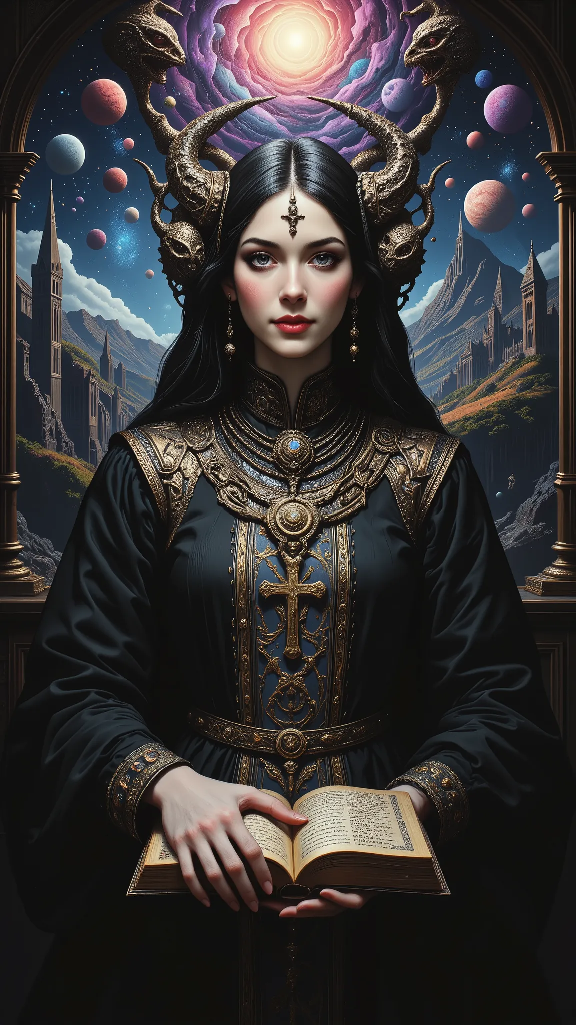 Surreal Painting,  An extravagant, mysterious female figure, gazes at viewer with secret smile,dressed in intricately embroidered black and white medieval clothing that fits her form perfectly , A jeweled rosary necklace with a large crucifix rests on her ...