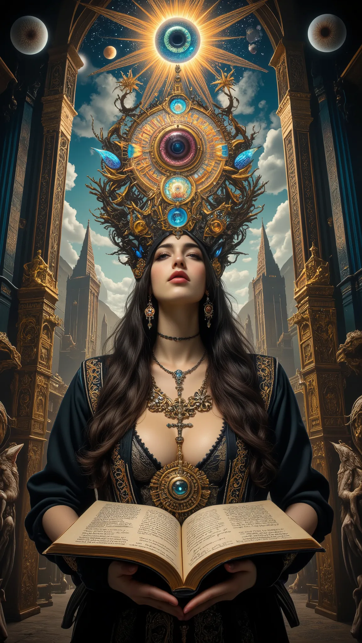 Surreal Painting,  An extravagant, mysterious female figure, gazes at viewer with secret smile,dressed in intricately embroidered black and white medieval clothing that fits her form perfectly , A jeweled rosary necklace with a large crucifix rests on her ...