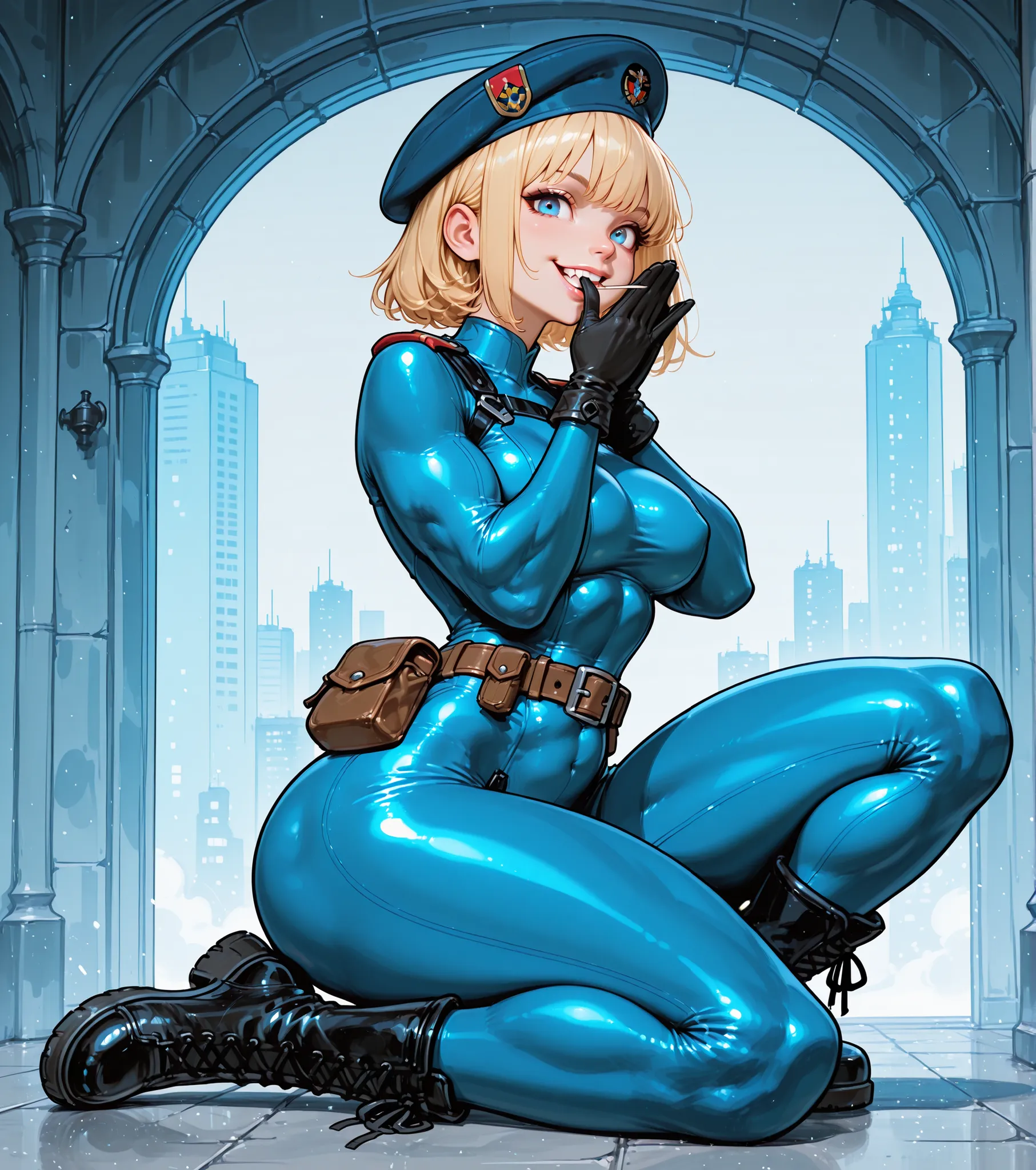 1girl, solo, blonde_hair, hat, boots, blue_eyes, gloves, short_hair, biting, pouch, full_body, beret, breasts, nose, black_footwear, muscular, black_gloves, belt_pouch, blue_bodysuit, thick_thighs, bodysuit, lips, muscular_female, thighs, uniform, belt, sm...