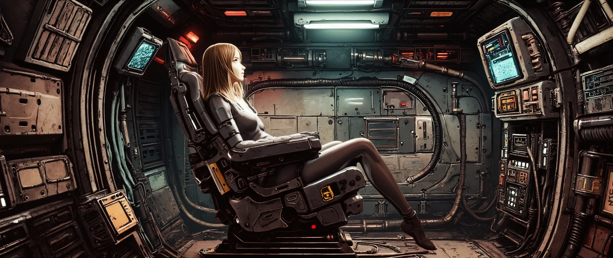 A high-quality masterpiece, stylized as a 90s anime with cel shading and no gradients. The interior of a small, rustic spaceship cockpit from a dystopian cyberpunk future (circa 2070). The cabin is cramped, with exposed wires, matte black panels, and old s...