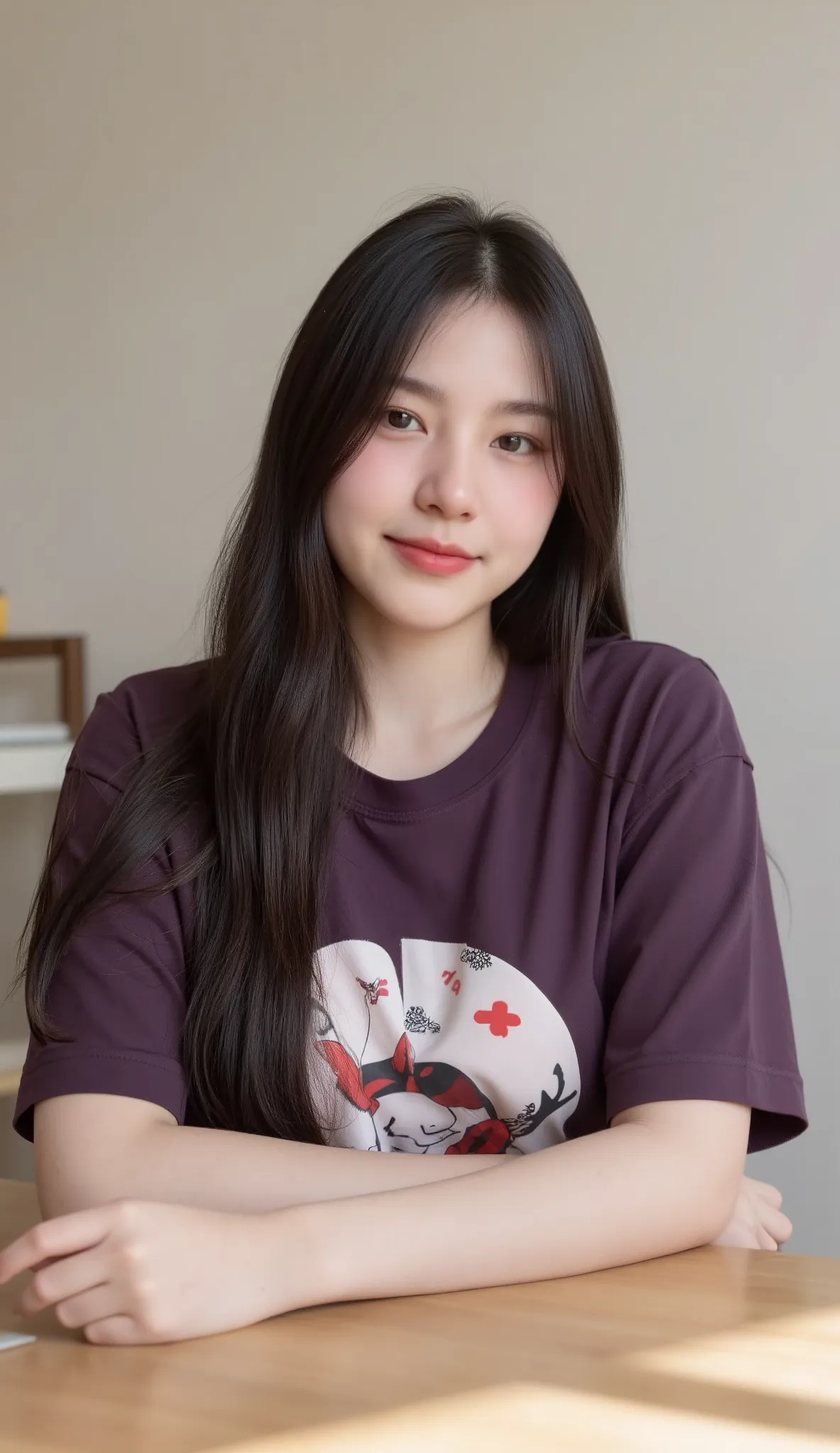 Realistic teen woman Beautiful face Black long hair Big breasts Attractive shape Looking and smiling for camera 8K high definition sharp focus Very high detail Realistic like photo Natural light Smooth skin
Sitting behind a table with no objects placed on ...