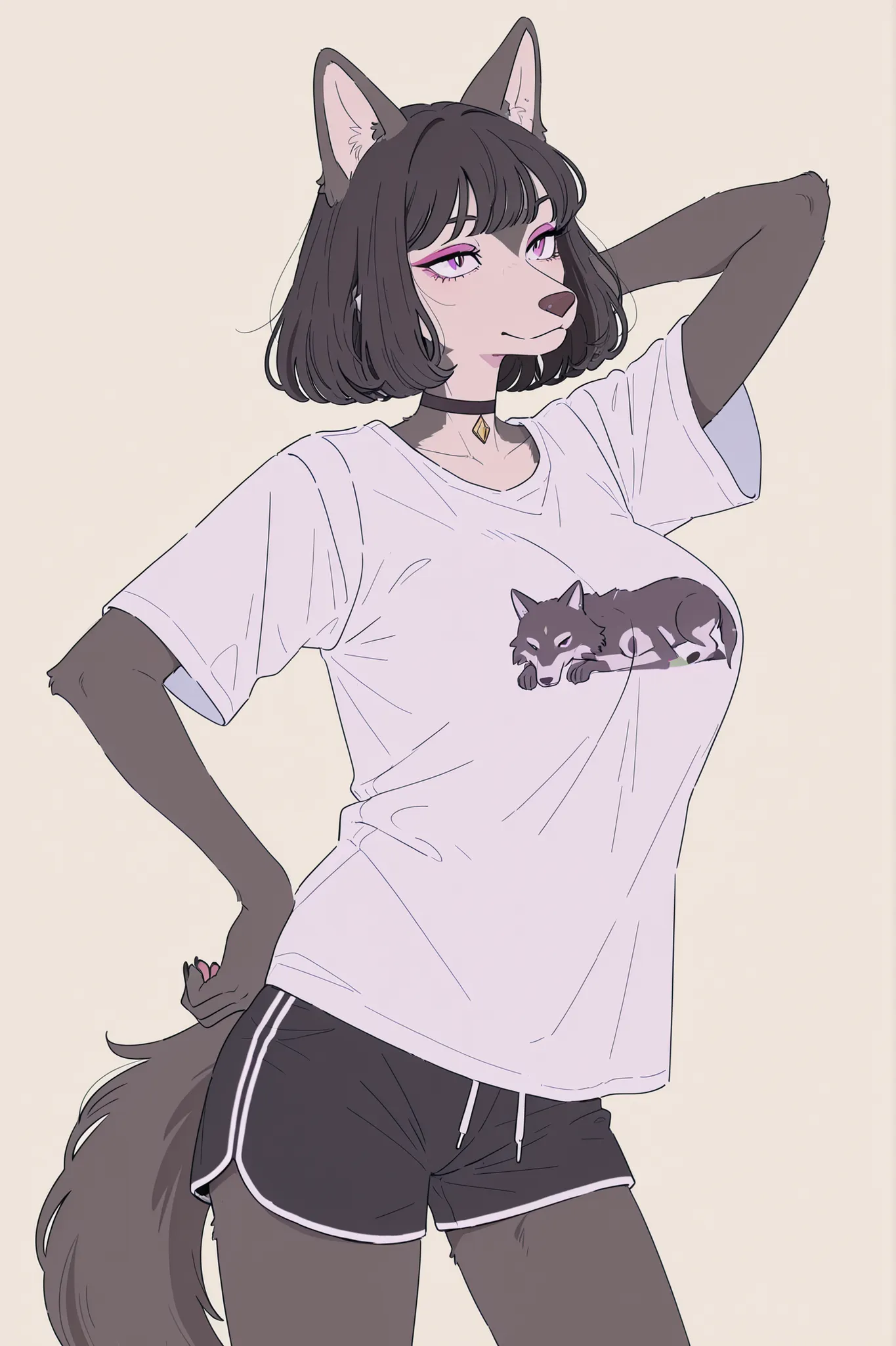 posing game, anthro, wolf, girl, big breasts, t-shirt, shorts, choker, black hair style 