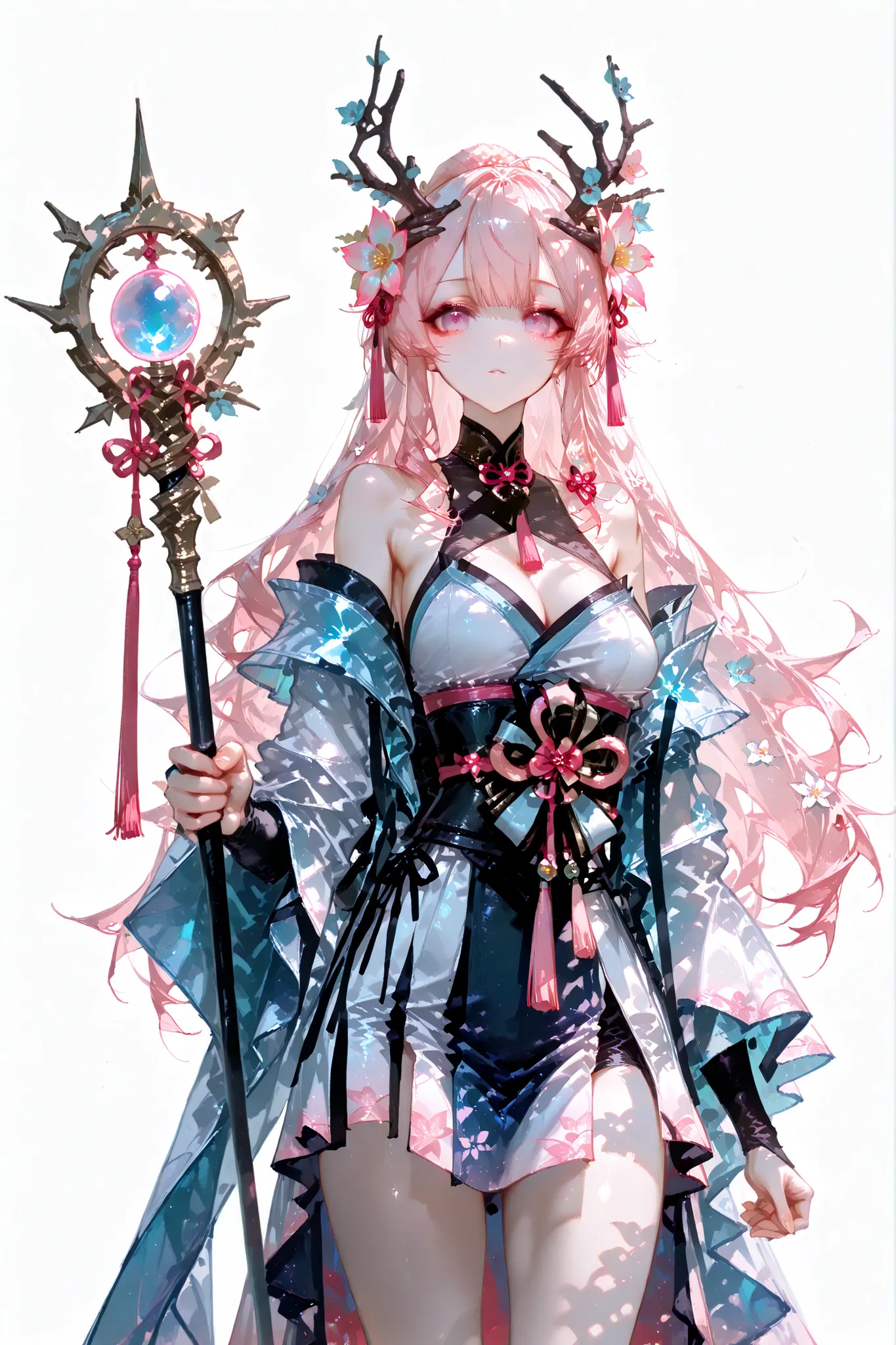 [artist:Sooo much:0.65,   artist:quasarcake:0.8, artist:wanke:0.6,] 
1 girl, One,spirit blossom the lily, looks at the viewer, antlers, bare shoulders, hair flower,  medium breasts, staff, , cenoid, Cowboy shot, simple background, white background, 
master...