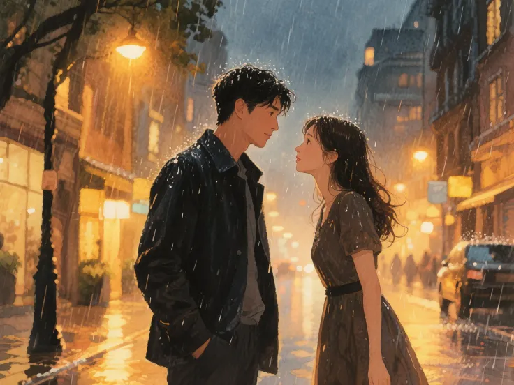 A man and a woman meet by chance on the street on a rainy night，the two were looking close，raindrops falling，The street lights are dim，The background is a blurry city building in the rain， Photography，close-up，romantic、Pleasantly surprised atmosphere，Warm colors，watercolor style