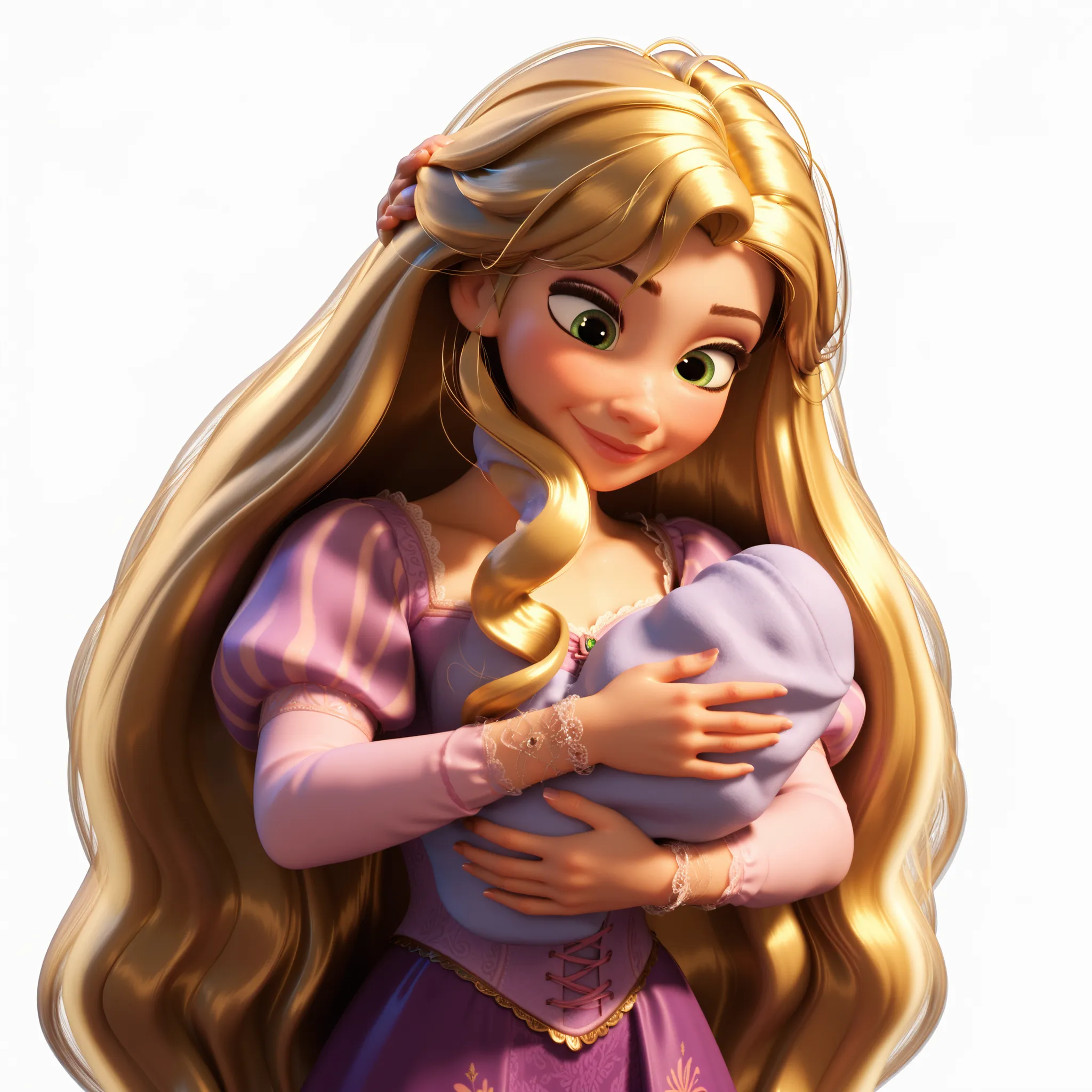 A 3D animated image of rapunzel, completely faithful to her appearance in Disney’s Tangled. She must have the exact same face, identical in every detail—same big, expressive green eyes, same delicate eyebrows, same small nose, soft smile, and overall sweet...