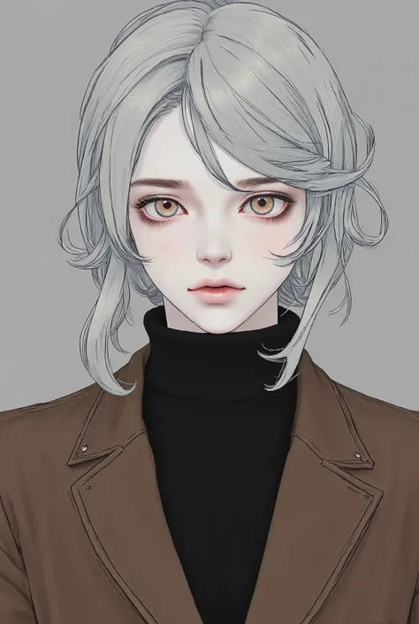 Boy, doll, silver hair, gray eyes, sharp cold features, pale white skin, light pink lips, handsome, perfect, wearing a black sweater, brown formal jacket, accurate art, bright and clear colors, high quality resolution .