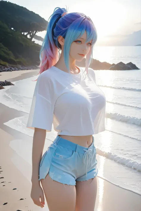 There were women with blue hair, half ends, pink hair and blue eyes, and a tight white loose-waist T-shirt and yeasty shorts on the beach., Hair tie,ponytail,Horse hair,Anime style. 8k, realistic 3d anime picture, Anime styled 3d, Realistic art style , re...