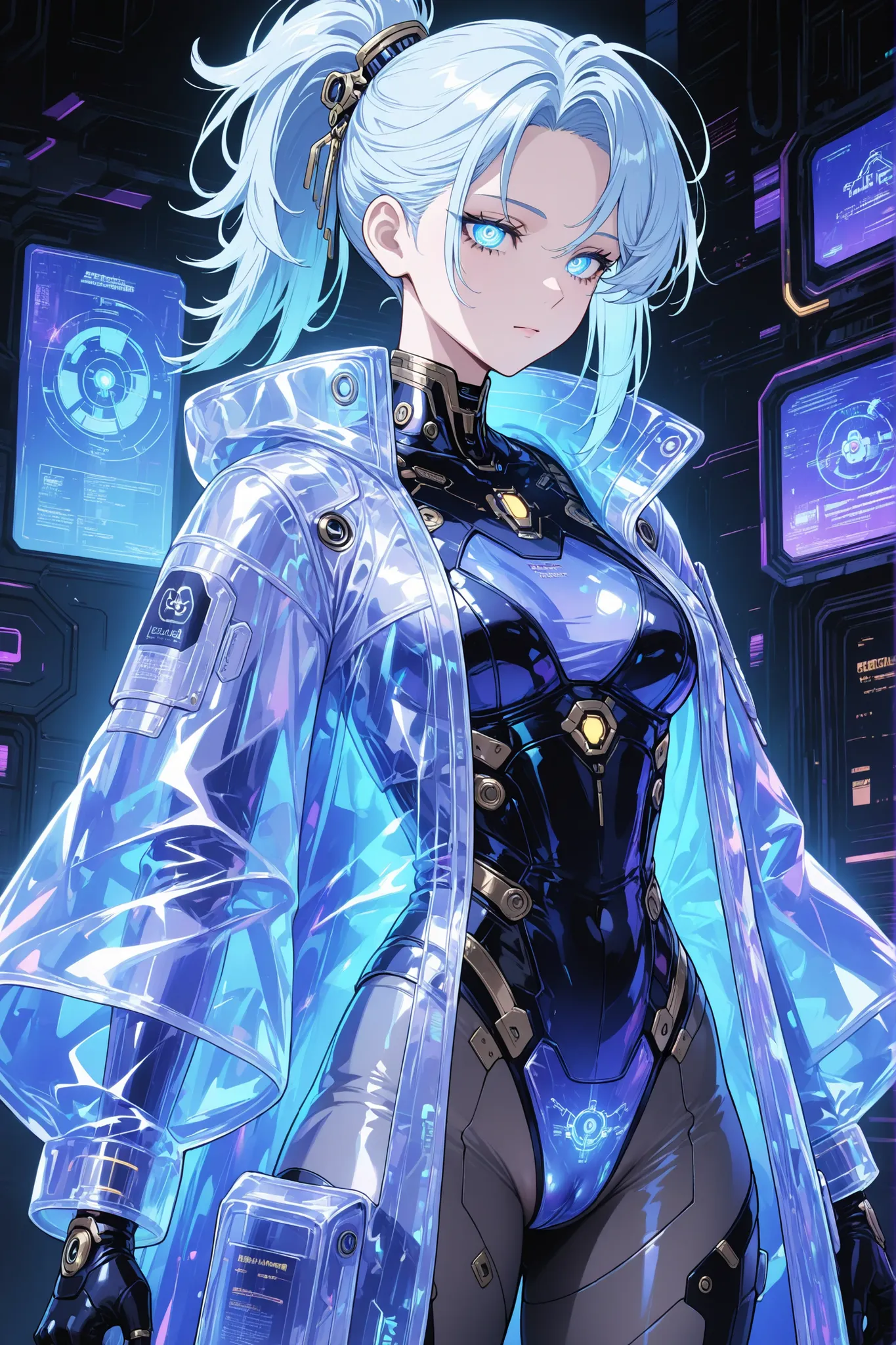 1 female, Upper body, Long light blue hair, Lateral ponytail , Golden Glowing Eyes,  Slim Body , wearing futuristic dark gray tights,has a cyan glow line, Translucent Holographic Long Jacket, Smart and calm expression, holding glowing holograms flat high-t...