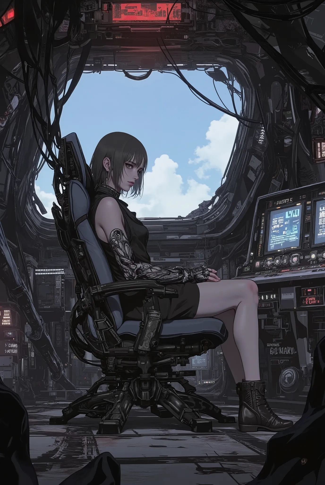 A high-quality masterpiece, stylized as a 90s anime with cel shading and no gradients. The interior of a small, rustic spaceship cockpit from a dystopian cyberpunk future (circa 2070). The cabin is cramped, with exposed wires, matte black panels, and old s...
