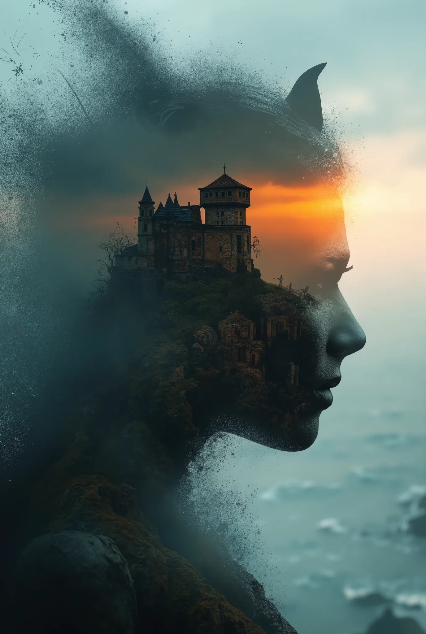 high quality, 8K ultra HD, Una hermosa double exposure que combina una silueta de LA LLAMADA DEL DIABLO con UN CASTILLO GOTICO al atardecer, the coast at dusk should serve as a backdrop, with its details incorporated in THE DEMON, sharp lines, The backgrou...