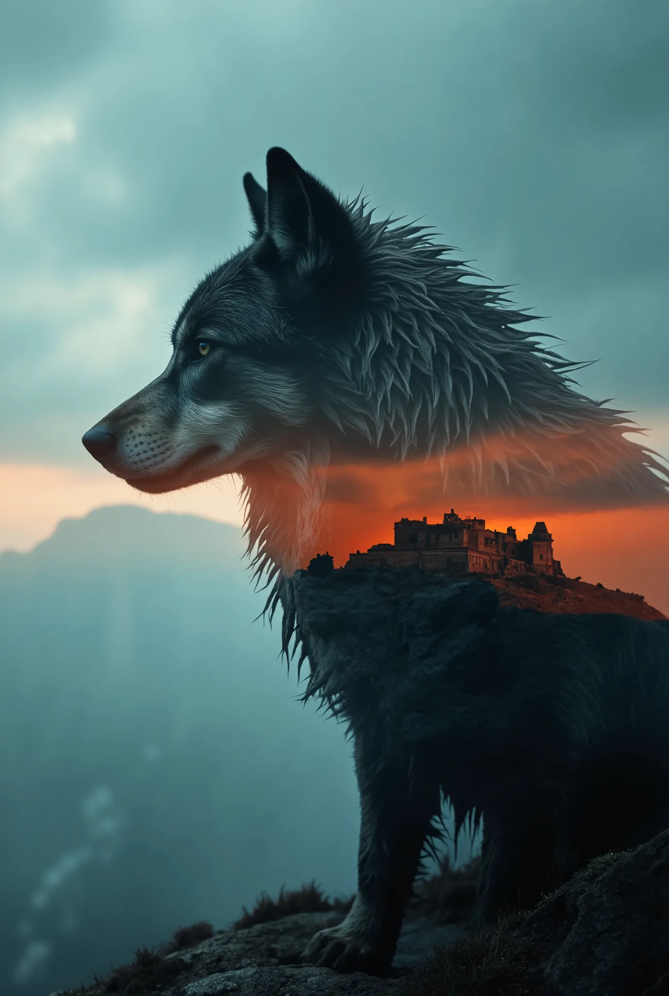 high quality, 8K ultra HD, Una hermosa double exposure que combina una silueta de LA LLAMADA DEL DIABLO con UN CASTILLO GOTICO al atardecer, the coast at dusk should serve as a backdrop, with its details incorporated in A BLACK WOLF, sharp lines, The backg...
