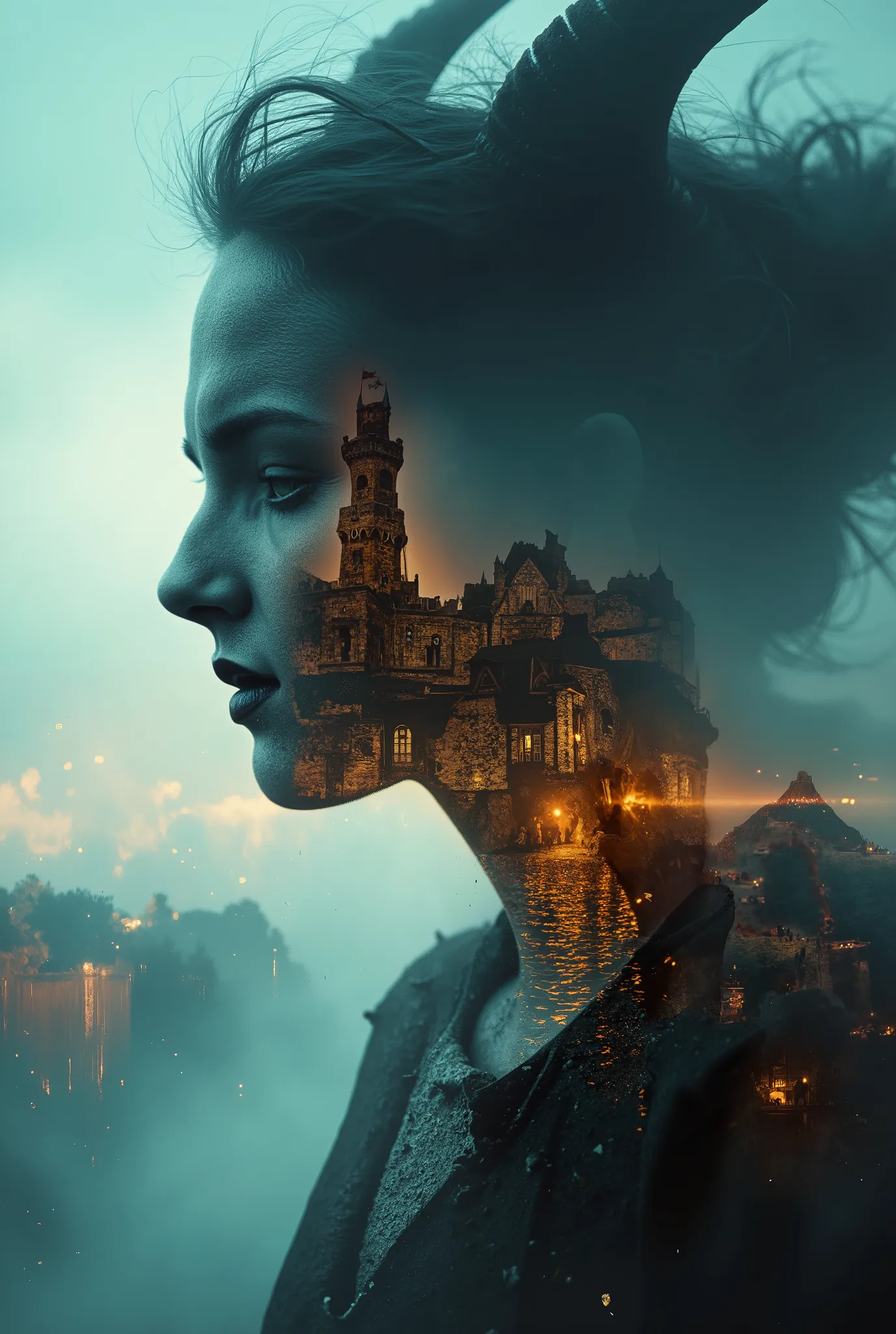 high quality, 8K ultra HD, Una hermosa double exposure que combina una silueta de LA LLAMADA DEL DIABLO con UN CASTILLO GOTICO al atardecer, the coast at dusk should serve as a backdrop, with its details incorporated in THE DEMON, sharp lines, The backgrou...