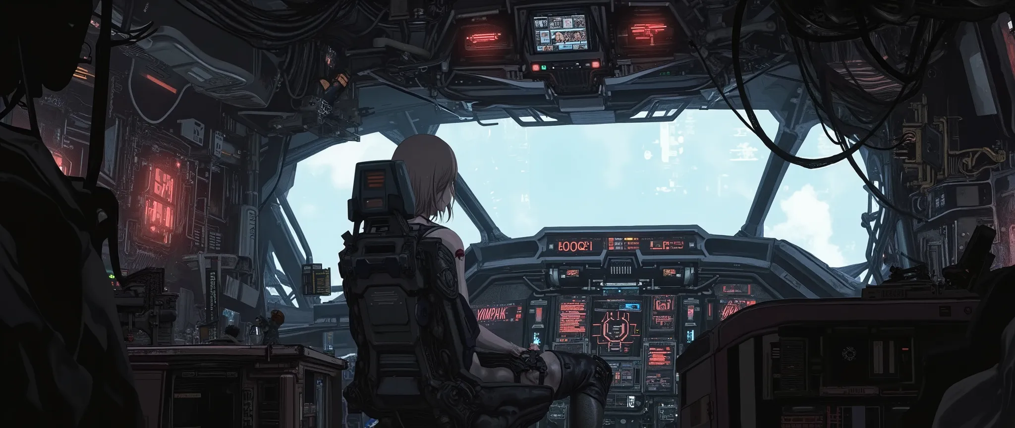 A high-quality masterpiece, stylized as a 90s anime with cel shading and no gradients. The interior of a small, rustic spaceship cockpit from a dystopian cyberpunk future (circa 2070). The cabin is cramped, with exposed wires, matte black panels, and old s...