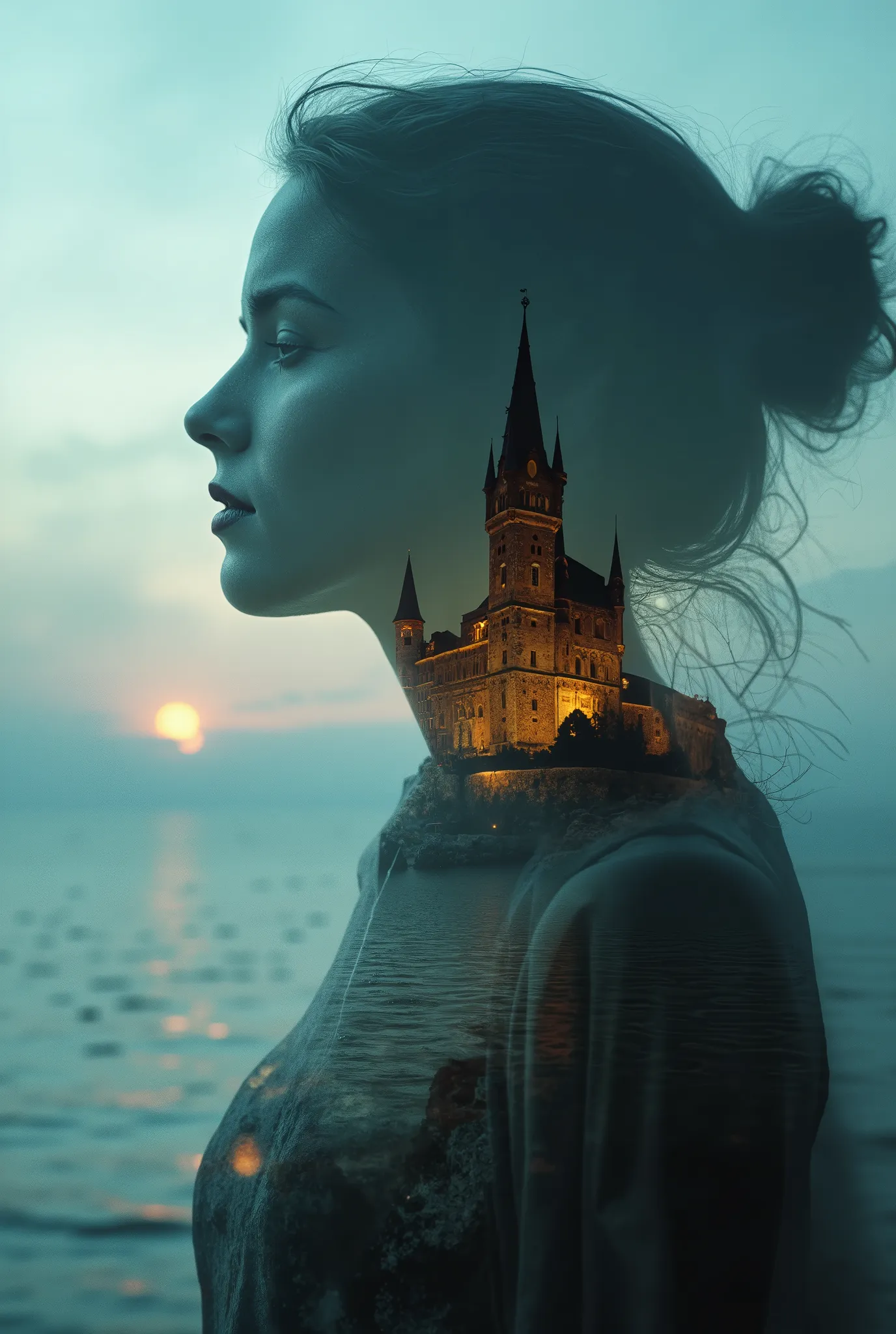 high quality, 8K ultra HD, Una hermosa double exposure que combina una silueta de LA LLAMADA DEL DIABLO con UN CASTILLO GOTICO al atardecer, the coast at dusk should serve as a backdrop, with its details incorporated into DISTURBING IMAGES, sharp lines, Th...