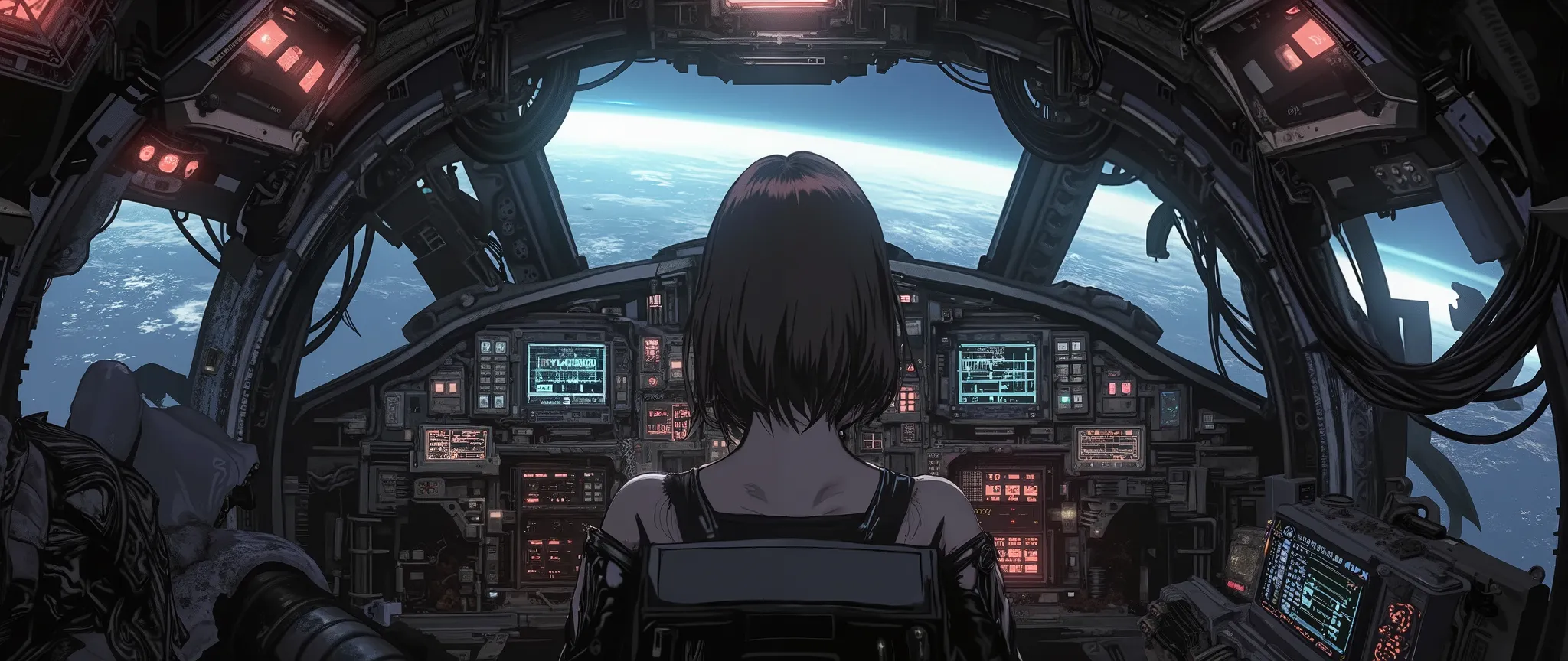 A high-quality masterpiece, stylized as a 90s anime with cel shading and no gradients. The interior of a small, rustic spaceship cockpit from a dystopian cyberpunk future (circa 2070). The cabin is cramped, with exposed wires, matte black panels, and old s...