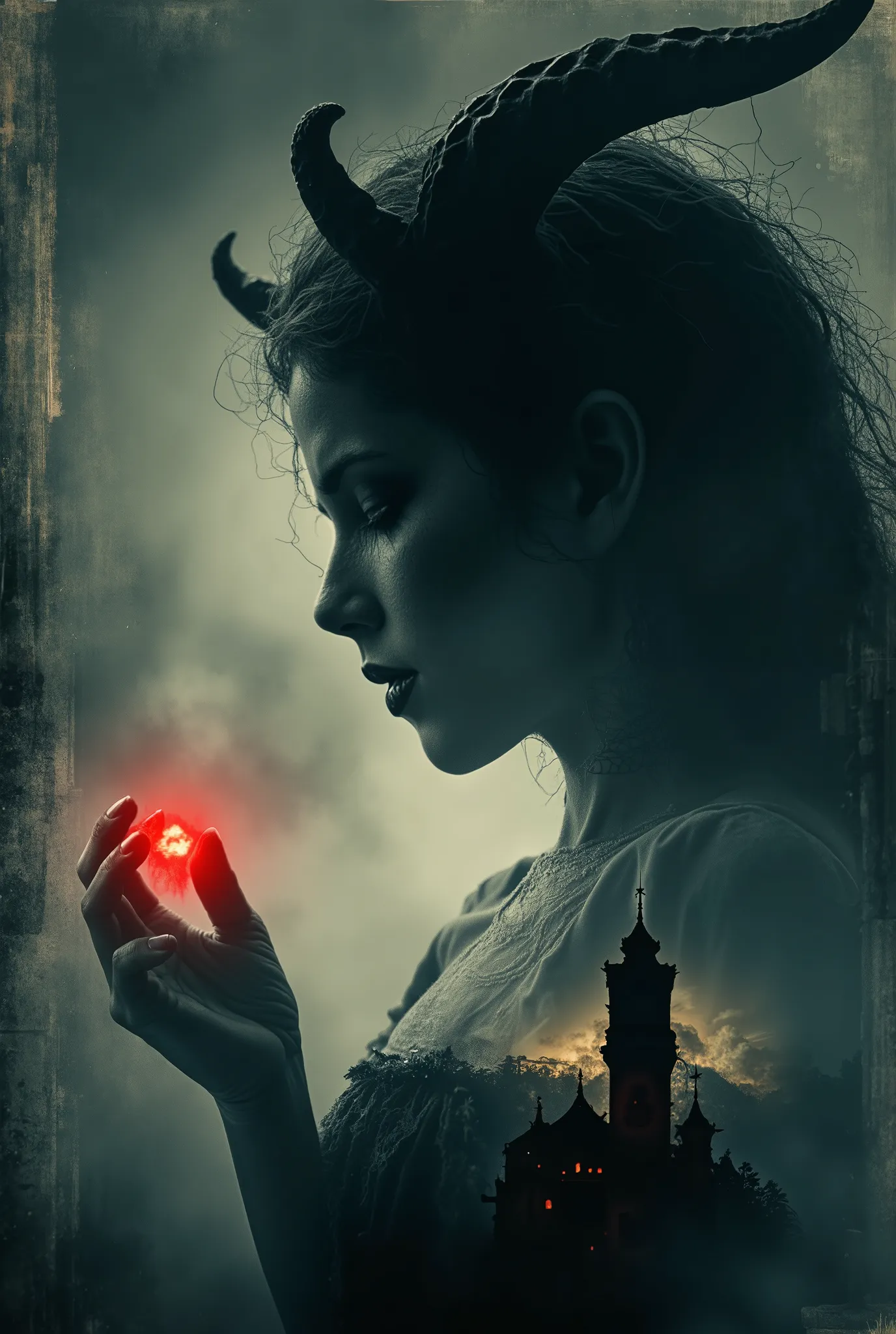 high quality, 8K ultra HD, Una hermosa double exposure que combina una silueta de LA recien levemtada de la cama y la LLAMADA DEL DIABLO victoriano, with A GOTHIC demon at dusk, the underworld must serve as a backdrop, with its details incorporated into IM...