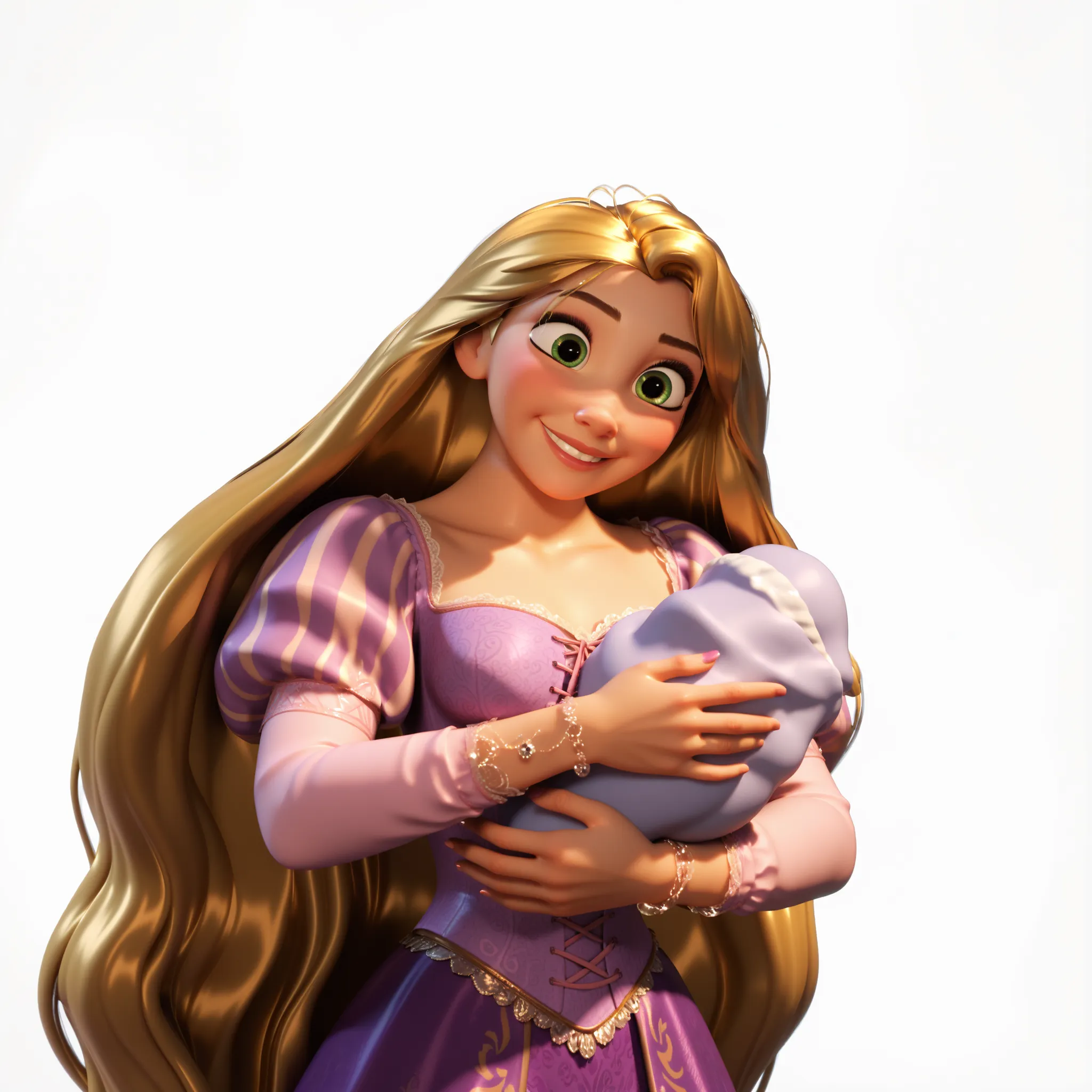 A 3D animated image of rapunzel, completely faithful to her appearance in Disney’s Tangled. She must have the exact same face, identical in every detail—same big, expressive green eyes, same delicate eyebrows, same small nose, soft smile, and overall sweet...