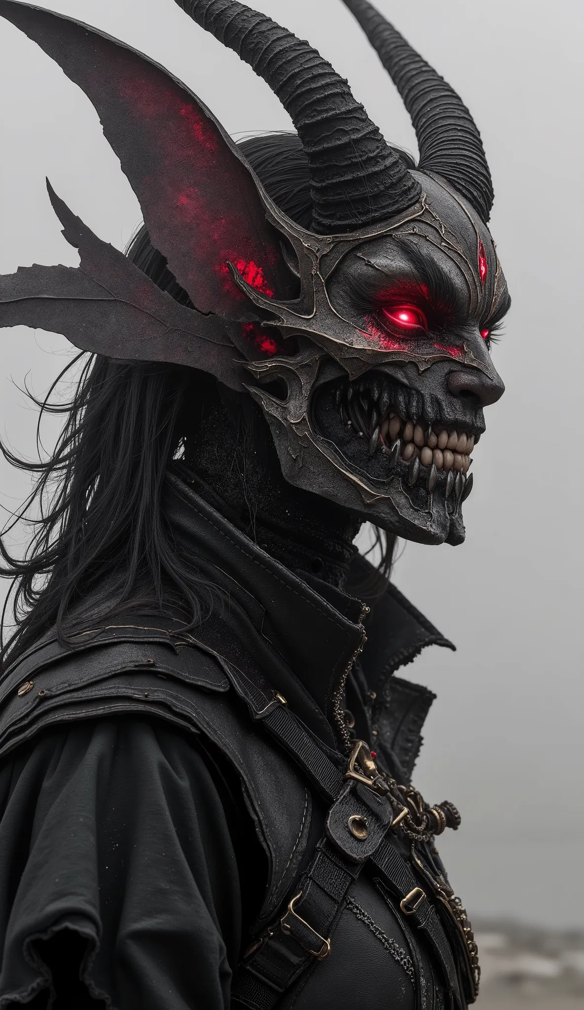 high quality, 8K ultra HD, Una hermosa double exposure que combina una silueta de LA LLAMADA DEL DIABLO con UN CASTILLO GOTICO al atardecer, the coast at dusk should serve as a backdrop, with its details incorporated in THE DEMON, sharp lines, The backgrou...