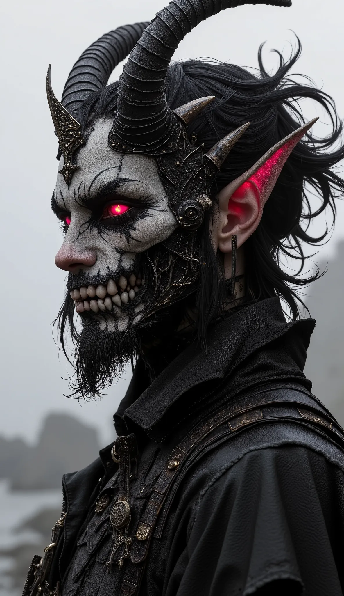 high quality, 8K ultra HD, Una hermosa double exposure que combina una silueta de LA LLAMADA DEL DIABLO con UN CASTILLO GOTICO al atardecer, the coast at dusk should serve as a backdrop, with its details incorporated in THE DEMON, sharp lines, The backgrou...
