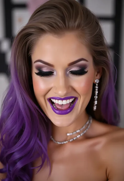 incredibly long and voluminous false eyelashes, bright black makeup, purple lips, diamond earrings , long flowing hair, purple hair, She laughs,  in a tight , close-up