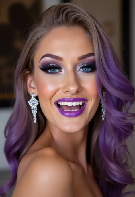 incredibly long and voluminous false eyelashes, bright black makeup, purple lips, diamond earrings , long flowing hair, purple hair, She laughs,  in a tight , close-up