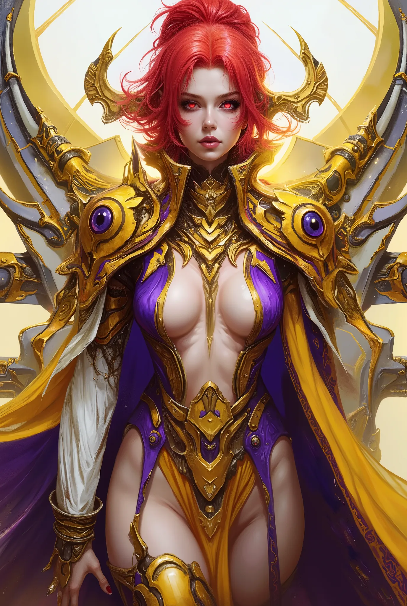 She's striking a bold attacking pose, neon colored, (Best Quality , 4K , 8K , High Resolution , Masterpiece: 1 . 2) , (Super Detailed , Realistic , Photorealistic:1 . 37), A mystical female figure with red hair and glowing red eyes, wearing an elegant futu...