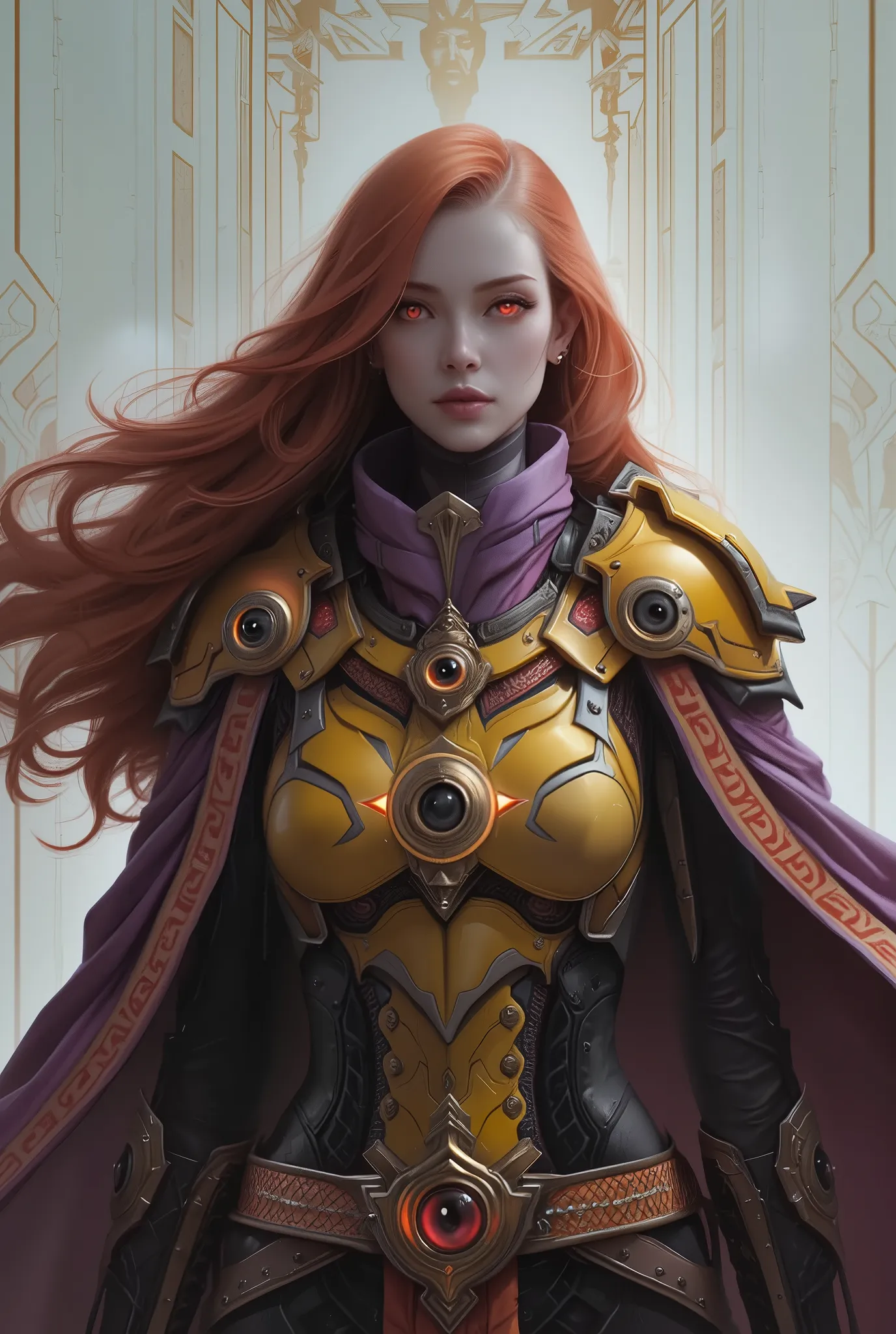 She's striking a bold attacking pose, neon colored, (Best Quality , 4K , 8K , High Resolution , Masterpiece: 1 . 2) , (Super Detailed , Realistic , Photorealistic:1 . 37), A mystical female figure with red hair and glowing red eyes, wearing an elegant futu...