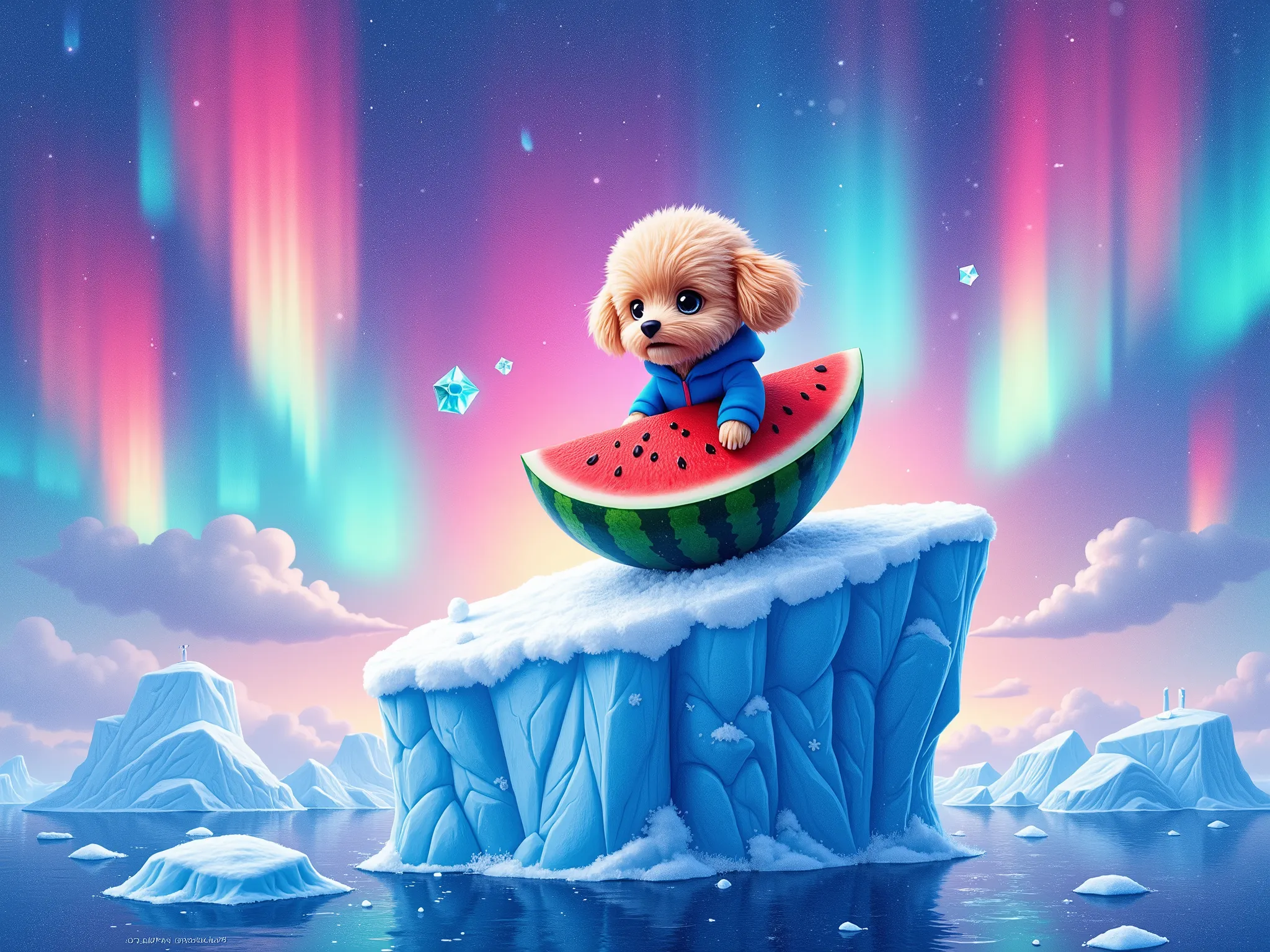 ( top quality、 and high precision、 Masterpiece:1.4)、16K、 original photo 、realistic photo、(( watercolor、painting picture))、realistic photo、 fantasy、dynamic art expression、 absurd、on top of a super large iceberg、The sky is covered by seven brightly colored m...