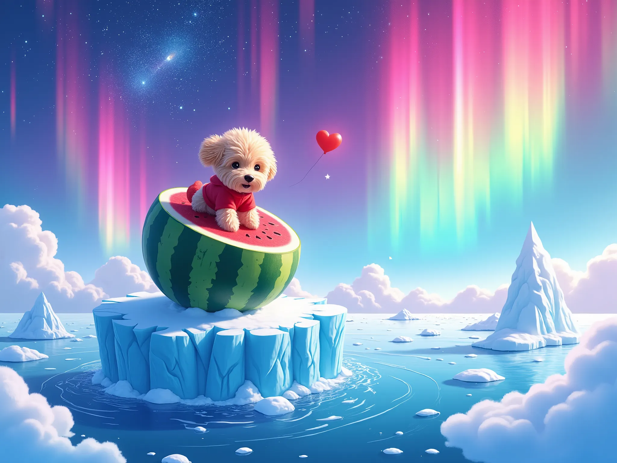 ( top quality、 and high precision、 Masterpiece:1.4)、16K、 original photo 、realistic photo、(( watercolor、painting picture))、realistic photo、 fantasy、dynamic art expression、 absurd、on top of a super large iceberg、The sky is covered by seven brightly colored m...