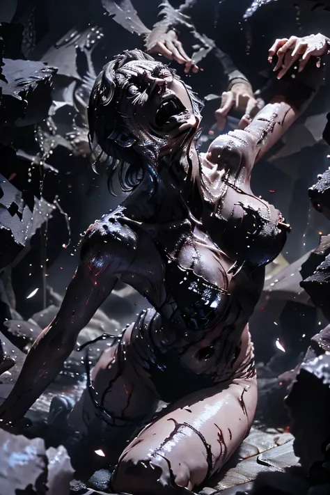 masterpiece, Highest quality, masterpiece,Zombie Girl　lying, Evil Dead, Dark Energy, empty, Hollow Eyes, (an extremely evil),Dead Girl、 black magic, Dark Forest, Negative Energy, hell, Corpse wearing a black gymnastics bloomers,high leg,self wedgie,white b...