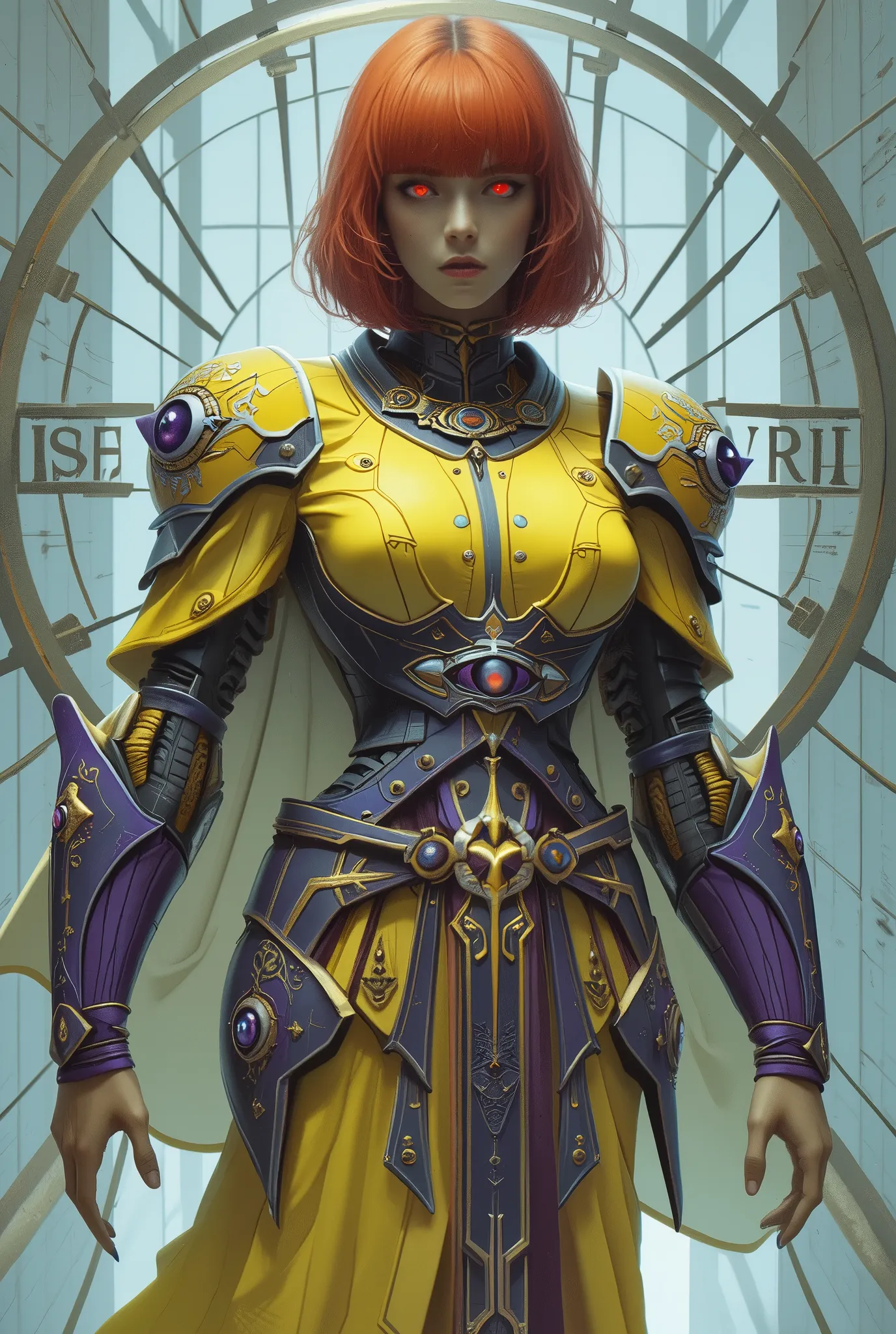 She's striking a bold attacking pose, neon colored, (Best Quality , 4K , 8K , High Resolution , Masterpiece: 1 . 2) , (Super Detailed , Realistic , Photorealistic:1 . 37), A mystical female figure with red hair and glowing red eyes, wearing an elegant futu...