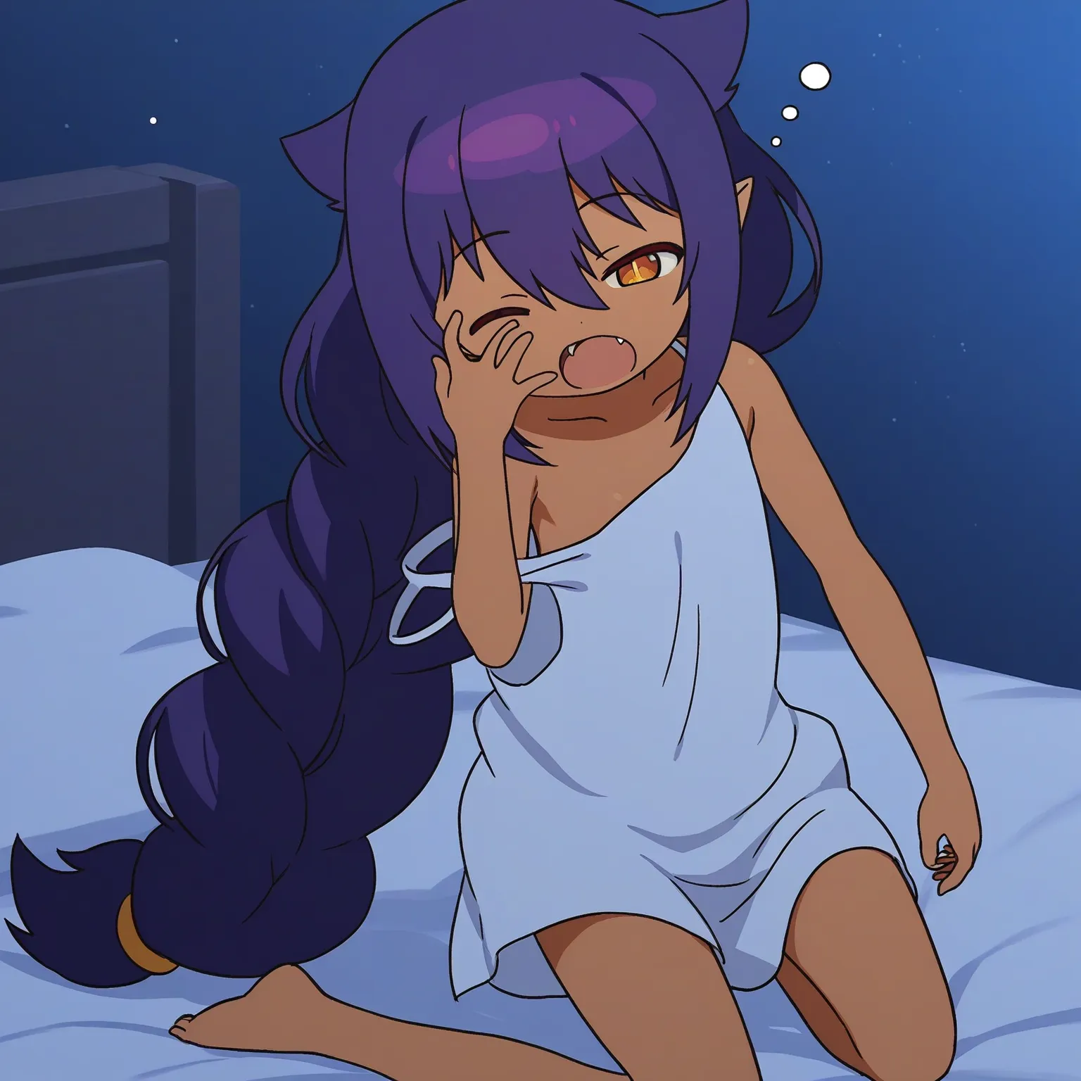 Jahy, pajama, slip clothes, sleepy, scratching one eye, yawning, relaxed face, kneeling on the bed, 1girl, solo girl, light off, night