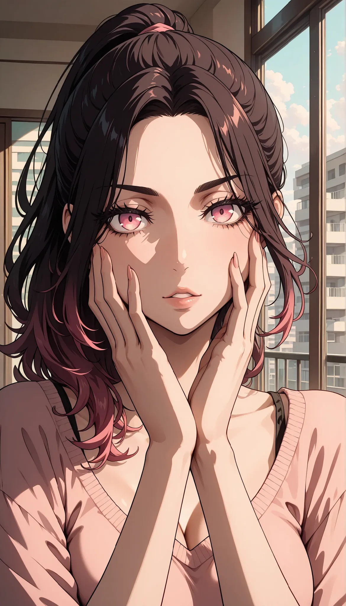 br_art, 1 woman:1.2, masterpiece, top quality, Great Quality, very aesthetic, Newest, very detailed, flat color, sharp focus, bright colors, Soft Writing, cinematic composition, Sacred, beautiful woman, dark haired, ponytail, Long and thick eyelashes, unea...