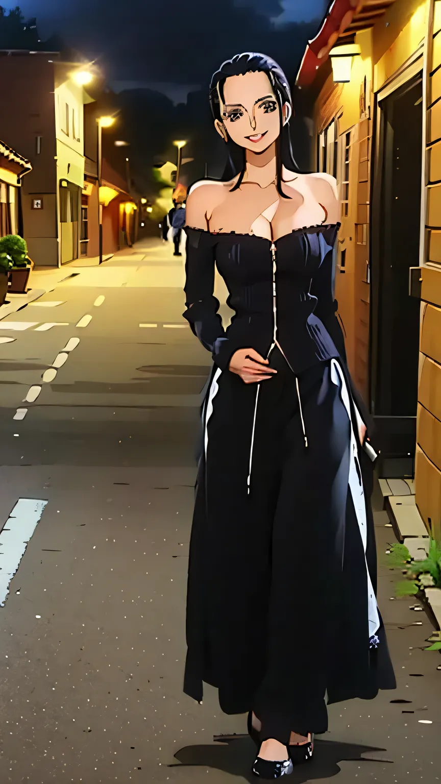 (masterpiece, best quality, high resolution, 8K:1.2), anime coloring, detailed, from one piece, one piece style, Nico Robin, mature woman, 30 years old, woman with long black hair, big medium breasts, calm and collected, happy expression and laughing, soft...