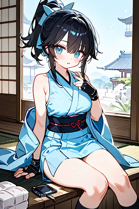 Ninja,Beautiful girl,cool x ponytail,masterpiece,undershirt visible, natural body,fingertip gloves,((Light blue kimono x sleeveless x short kimono x kimono skirt x absolute realm)), socks,Detailed Clothes,(slender figure,marshmallow breasts ),Beautiful Bla...