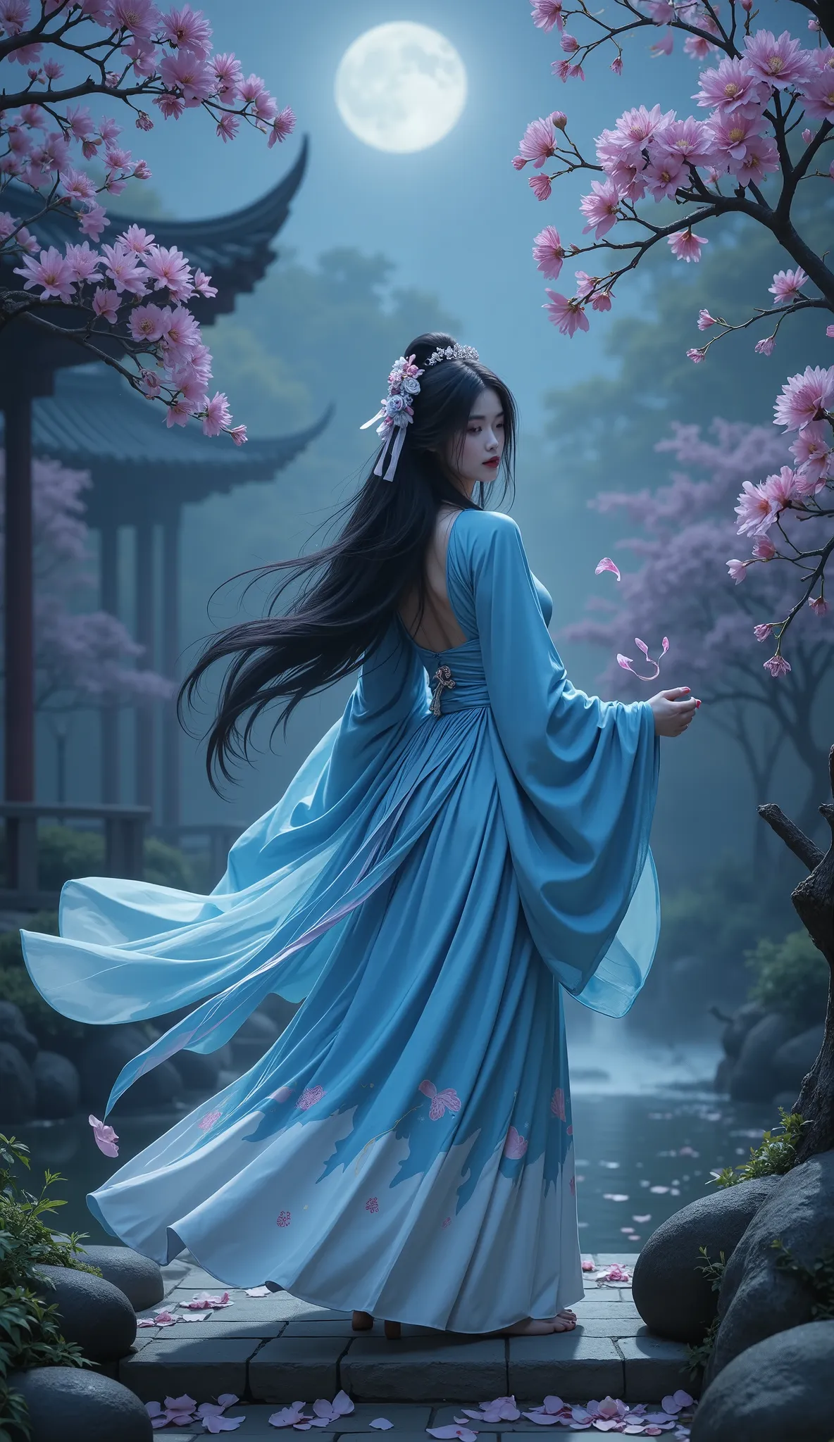 (masterpiece, best quality, 8k, HDR, ultra-detailed:1.3), (ethereal Chinese fantasy:1.5), (ancient Chinese garden:1.4), (nocturnal:1.3),
Full body: Peony fairy Mudan (牡丹仙子), fallen from heaven, standing barefoot amidst ancient peony bushes in a forgotten i...