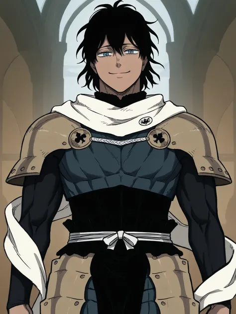 seme,muscular,muscular male,large pectorals,((mature male)), ((fantasy clothing)), ((father)), ((flowing scarf)),  ((armor)), ((dark skin)), ((black hair)), ((blue eyes)), ((hair down)), ((muscular arms)),  ((closed smile)), ((in the artstyle of Black Clov...