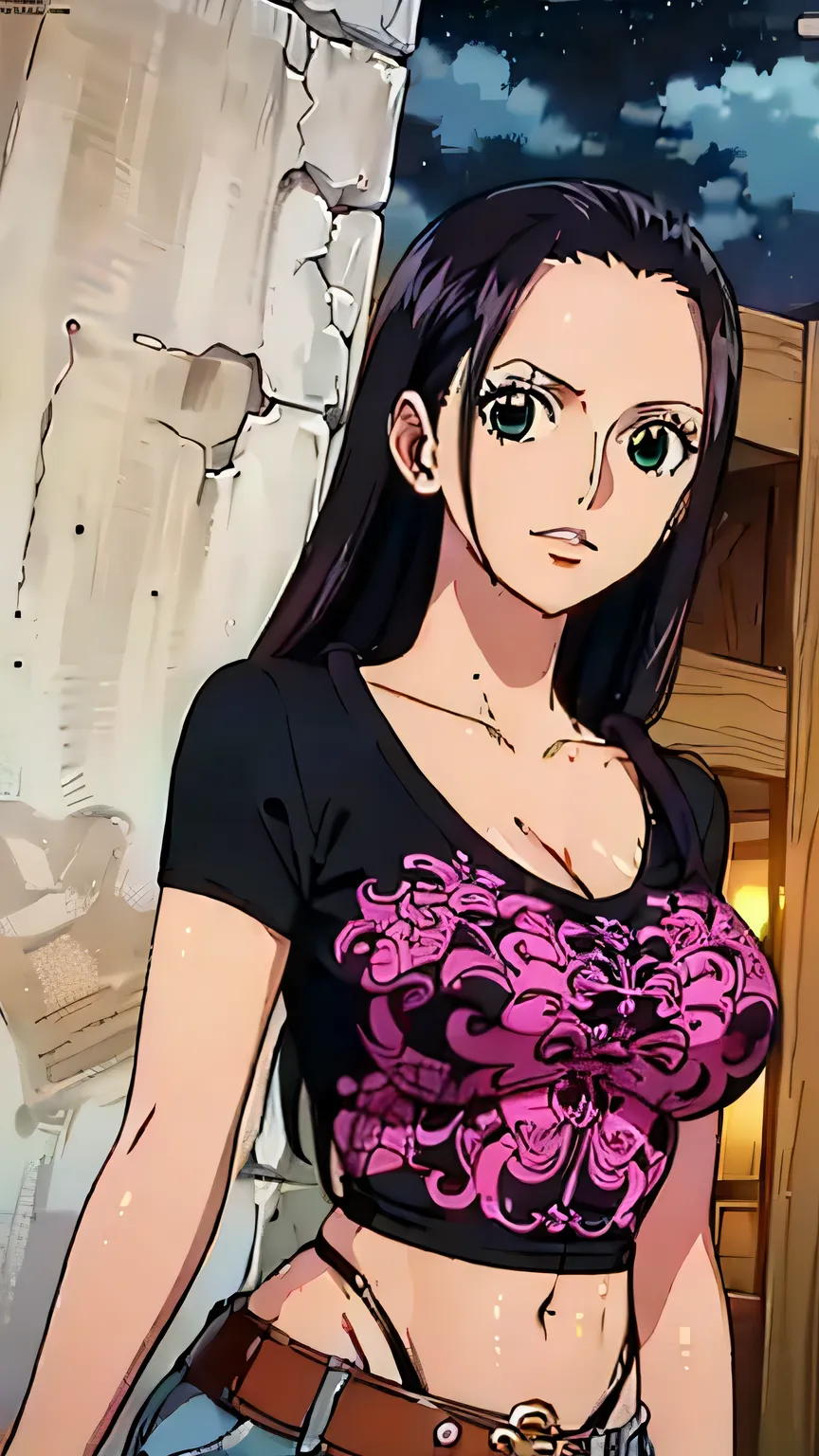 (masterpiece, best quality, high resolution, 8K:1.2), anime coloring, detailed, from one piece, one piece style, Nico Robin, mature woman, 30 years old, woman with long black hair, big medium breasts, calm and collected, happy expression and laughing, soft...